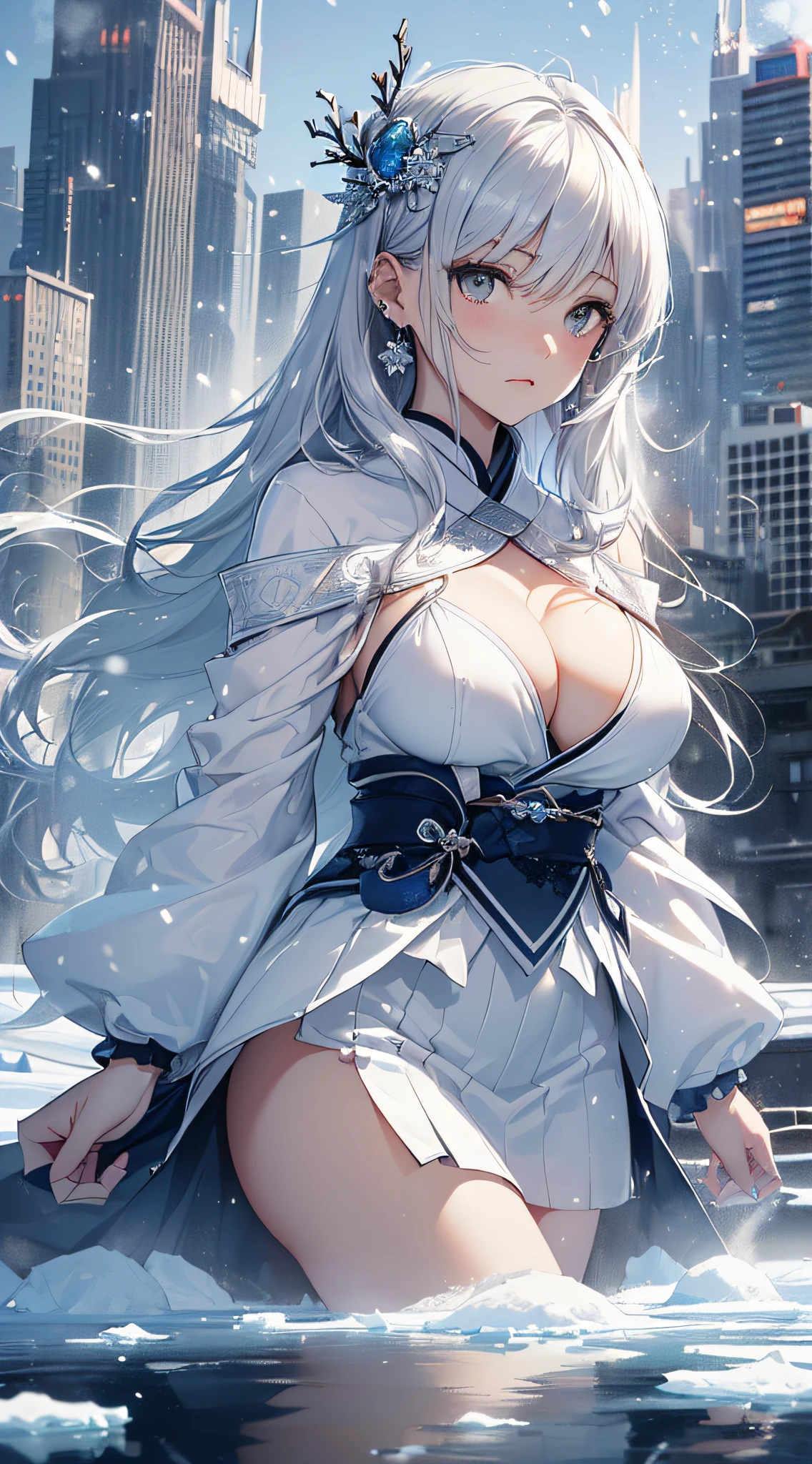 top-quality、Top image quality、​masterpiece、girl with((18year old、Best Bust、Medium bust、Bust 85,beautiful silver eyes、Breasts wide open,Semi-long hair in white silver、A slender、Large valleys、Reflecting the whole body、White Japanese Clothing、White short skirt、Ice Sword、Ice Magic Circle、deadpan、Sapphire Hair Ornament、close range、Leaning forward)）、hiquality、Beautiful Art、Background with((City of Ice、Iceville、ice tower、snow blowing、Oyuki、Snow World))、masutepiece、visualart、depth of fields、Freezing of vision