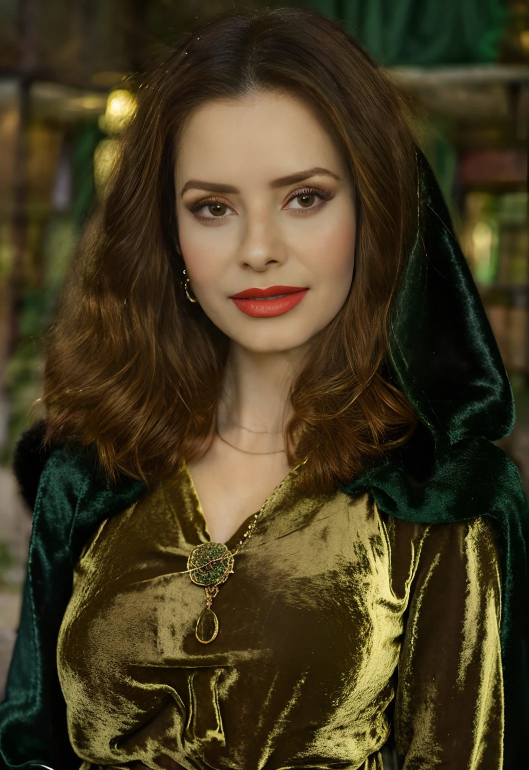 a woman in a green robe and purple dress with a medallion on her chest, dark hair, orange lipstick, padme amidala, masterpiece! portrait of arwen, wearing a velvet cloak, wearing a luxurious cloak, dressed in a green robe, wearing only a green robe, sandyl