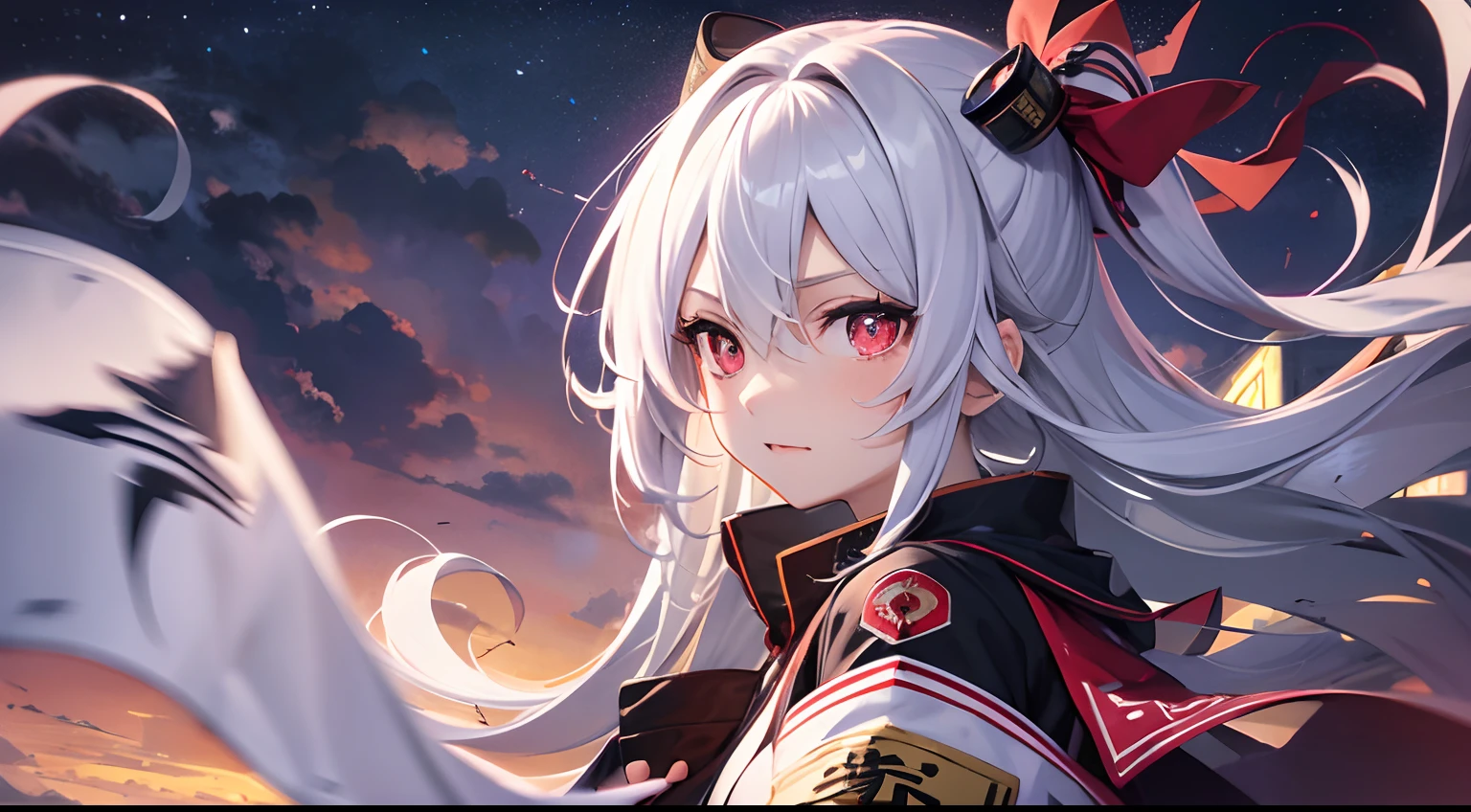 (masutepiece), Red pupils, Very cute girl vampire, Cute, deep in the night, Windswept and cloudy, Overlooking a high perspective, in night, Light floating above the sky，battle garments，Japanese flag armband on the arm、