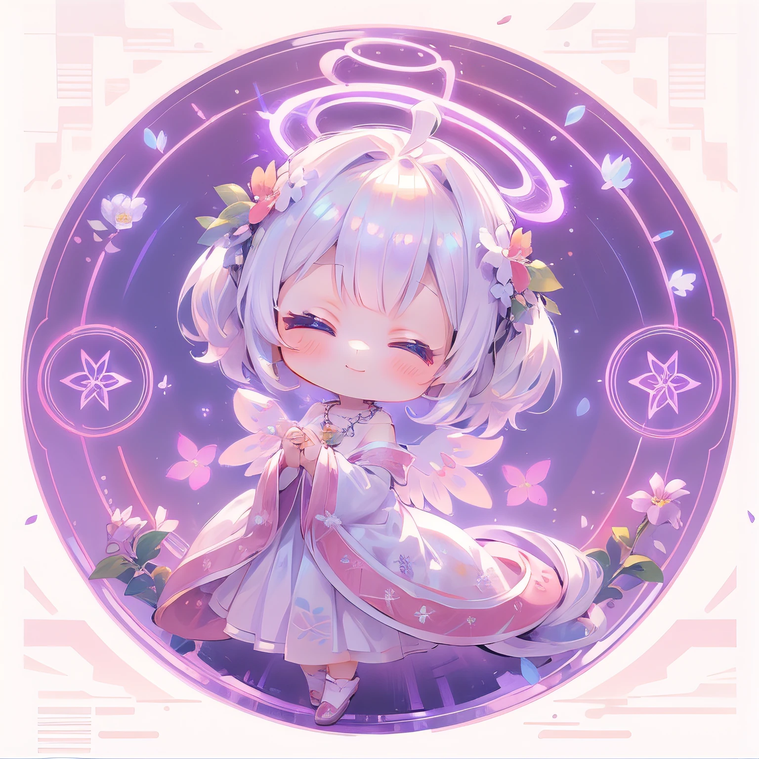 (((masutepiece))), Best Quality, Extremely detailed, iridescent, brilliance, Anime, (Frontal view:1.5), (own hands together), (angel costume), (White Dress), (Halo:1.2), (angel wing:1.2), (Floral Crown), ( Flower necklace), (White twin tails:1.10), Closed eyes, (((girl with))), (((Solo))), Archaic Smile, Full body, Ahoge, (((Deformed))), (((Chibi Character))), (White background), (Flower Magic Circle), corolla,