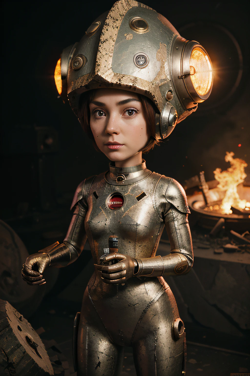 A toon Crazy whit a Big ONE a Only Eye Robot CCCP Soviet, and helmet Style, tongs in hands, Tv head, pinhead, camouflage Gold Silver Pink Rusty, Ambient in a meteorite crater super detailed, center, beautiful, soft lighting, focused on the character, 4K resolution, photorealistic rendering,