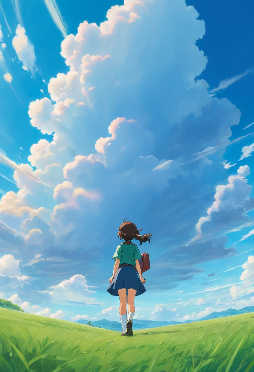 1girl in distance, looking up, school uniform, epic composition, green grass field, windy, blue sky, beautiful clouds, sunny light, absurdres, high res, ultrasharp, 8K, masterpiece, makoto shinkai style, shot on dslr