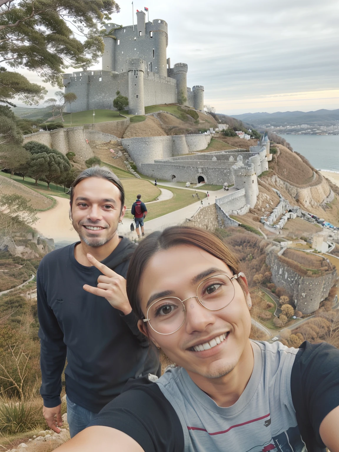 There are two people taking a selfie on a cliff, com um castelo ao fundo, Ruins in the background, com uma cidade em segundo plano, ( Castelo no fundo ), cidade em segundo plano, with castle in the distance, Minas Tirith ao fundo, em frente a uma cidade arruinada, vacation photo, com montanhas ao fundo