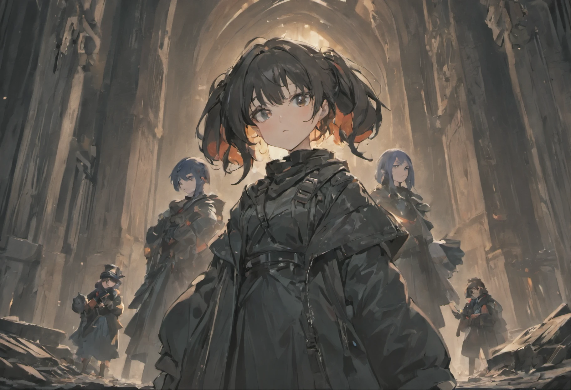 A group of people dressed in all black,In the middle is a girl,Hold a weapon in an apocalyptic ruins setting,Ultra-clear details