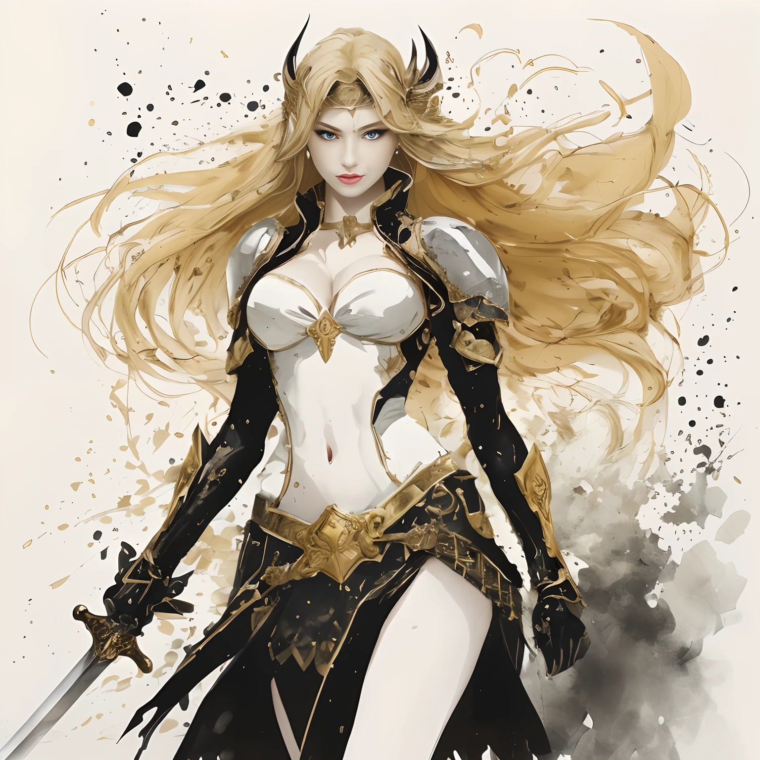 beautiful warrior woman, billowing blonde hair, holding a sword, bare legs, white bodice with gold trim,