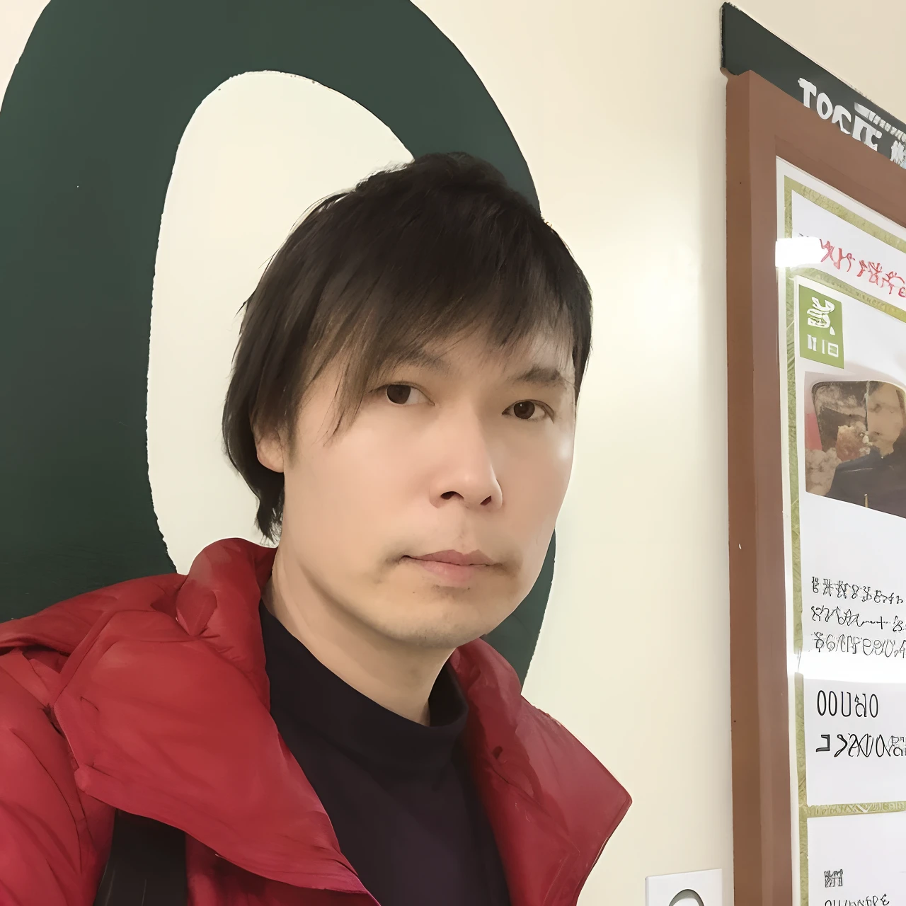 A man in an araphedo in a red jacket standing in front of a sign, tomohiro shimoguchi, yosuke ueno, shinya tsukamoto, toru furuya, eichiro oda, kinu nishimura, hiromasa ogura, junichi oda, kentaro, masahiro ito, tatsuya endo