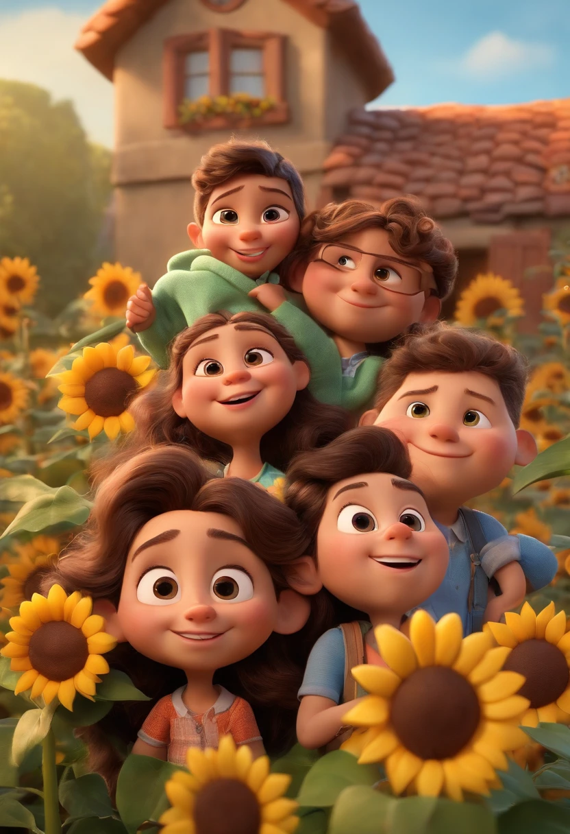 Create a Disney PIXAR-style 3D poster. ((centro da imagem, Triplets)), ((3 )) ((1 menino no meio e 2 meninas ao lado, They're hugging each other, O menino tem pele castanha e cabelos castanhos escuros e olhos castanhos escuros, 1 menina tem pele clara, olhos e cabelos escuros e cacheados, e a outra menina tem pele morena, olhos escuros e cabelos escuros e lisos)) ((tudo isso no estilo Disney PIXAR 3D, In the background, A house of sunflowers, Gloria Studio, The garden is full of nature 3D render RTX clay material, estilo de design cartunesco, POP Mart, soft lighting, linhas suaves, Spring tilt, Detailed illustrations of PIXAR 3D, Detalhes hiper-realistas, cor quente no estilo Disney PIXAR 3D))