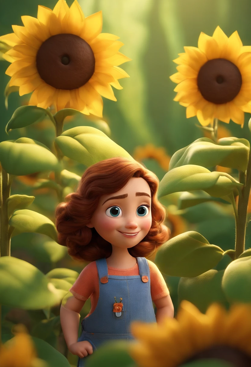 Create a Disney PIXAR-style 3D poster. ((centro da imagem, Pai, mami, brother and sister)), ((2 adults and 2 children)) ((1 homem, 1 mulher 1 menino e 1 menina ao lado, They're hugging each other, O menino tem pele castanha e cabelos castanhos encaracolados escuros e olhos castanhos escuros, 1 menina tem pele castanha, olhos e cabelos escuros e cacheados, olhos escuros e cabelos escuros e lisos)) ((tudo isso no estilo Disney PIXAR 3D, In the background, A house of sunflowers, Gloria Studio, The garden is full of nature 3D render RTX clay material, estilo de design cartunesco, POP Mart, soft lighting, linhas suaves, Spring tilt, Detailed illustrations of PIXAR 3D, Detalhes hiper-realistas, cor quente no estilo Disney PIXAR 3D))