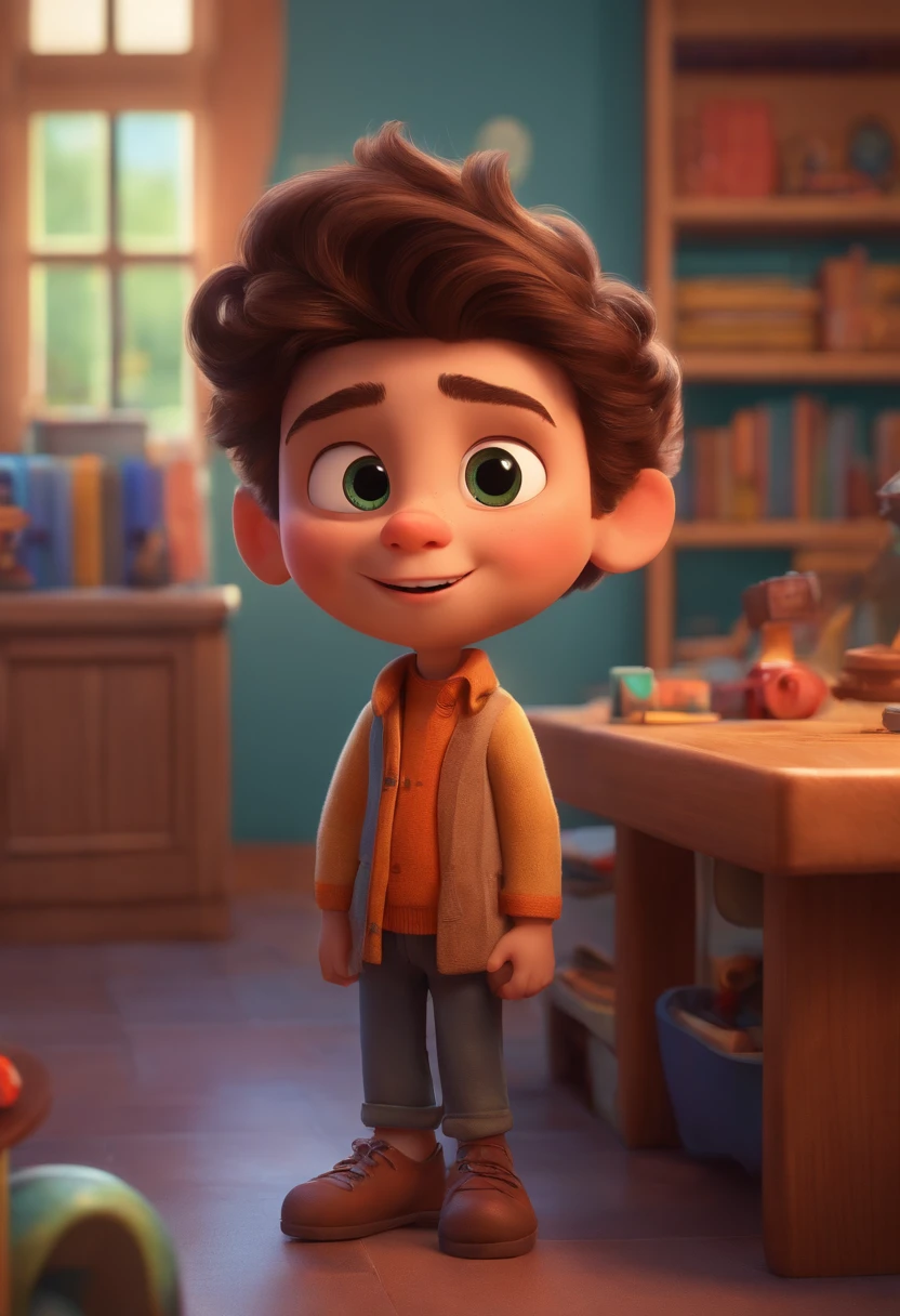 Image of a boy for a story in a YouTube video in Pixar format, He's the  allabester, He's the class leader, He's outgoing, Playful and gets up for a lot of things. Olhos azuis