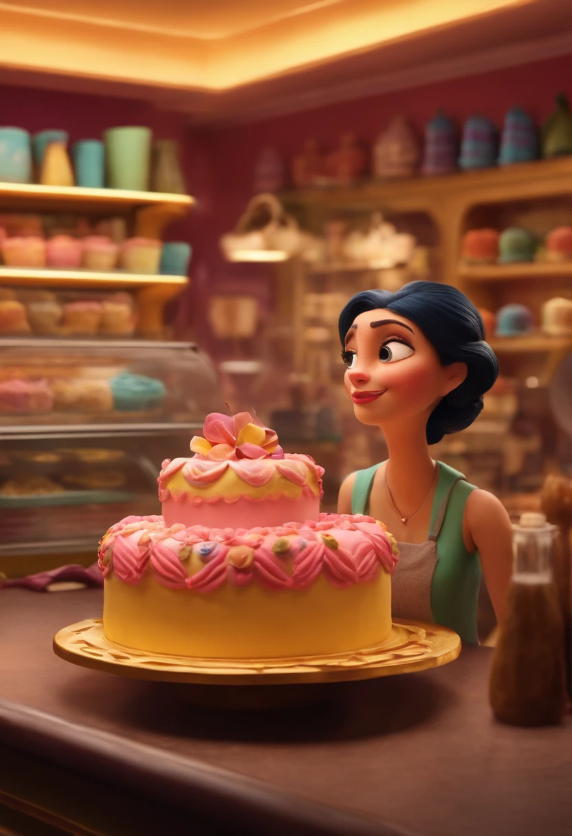 A woman looking at a cake shop inspired by Pixar animation, de perto. The character takes center stage with captivating facial expressions, oferecendo um toque de irrealidade