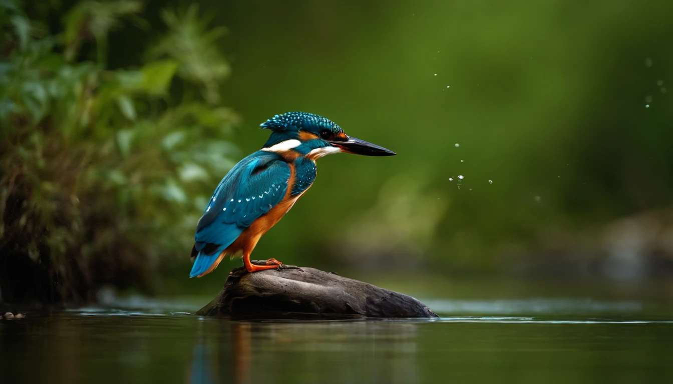 A kingfisher fishing on the water,Features,Natural soft light,National Geographic photo confronts a white wolf in the forest,looking menacing, Surrealists, Photogram, Very high resolution photos