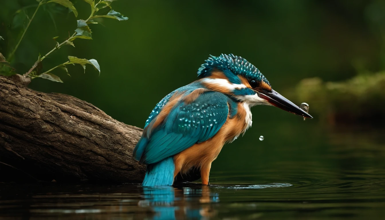 A kingfisher fishing on the water，Features，Natural soft light，National Geographic photo confronts a white wolf in the forest，looking menacing, Surrealists, Photogram, Very high resolution photos