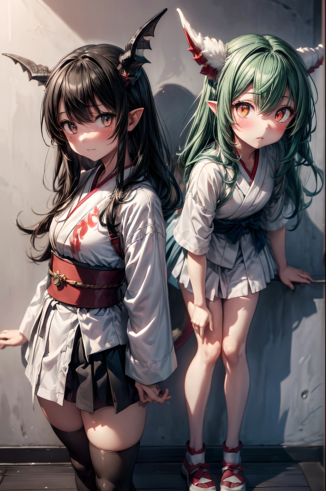 (absurdres:1.3), ultra detailed, textured, realistic, (monster girl:1.5), (lamia:1.3), lean against, leaning forward, bend forward, expressionless,
BREAK, (A girl with three pairs of arms and the lower body of a white snake:1.7), (multiple arms, six arms, extra arms, multiple hands:1.5), (white snake tail, white snake body:1.5), (pale skin:1.3), (scale skin:1.3),
BREAK, (japanese clothes, white kimono, miko:1.3), frayed collar, torn sleeve, dirty clothes,
BREAK, (red eyes, glowing eyes, slit pupils:1.1), cleft mouth, jagged teeth, sharp teeth, (deep green very long hair:1.3),
BREAK, (dark caves:1.1), countless bones, puddles,
BREAK, (chiaroscuro:1.3), bold shadow, deep shadow, dark shadow, dark, high contrast,
BREAK, full body, tachi-e,
(worst quality, low quality:1.5), (watermark, logo, signature, username:1.1), (2girls, two shot:1.5), (multipul angle, split view:1.1), (blush:1.3),
BREAK, (legs:1.7), pointy ears, horn, snake (head:1.3), (monochrome:1.1),
