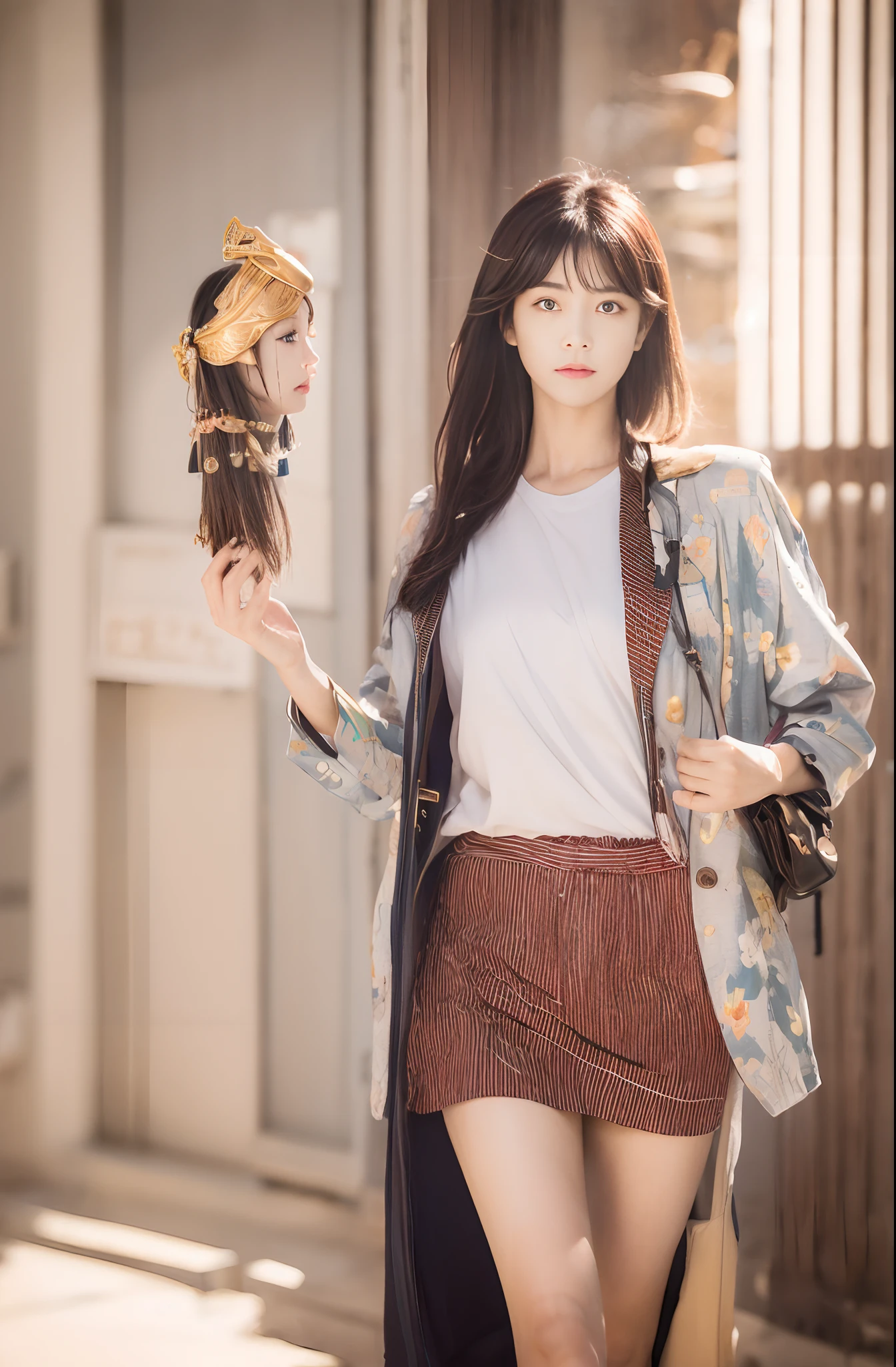 Thinking of a young woman in Japan, Her posture exudes confidence and dignity, Reminiscent of the ancient Etruscan goddess Menleva. Her outfit is、The past and present are beautifully blended, An ensemble of hipsters paying homage to her divine inspiration. You might wear a chic blazer that subtly mimics the shape of a warrior's armor, Paired with a graphic t-shirt with an artistically depicting the helmet, sheild, and spears, The classic symbol of Menrva. Her hair is styled with a contemporary cut, Sleek and structured, Without compromising modern style、It gives the impression of a warrior's helmet.

Her accessories are carefully chosen: Designer bags and fashionable bags, A digital tablet that shows a love of art and wisdom, Echoes in scrolls and books related to the Goddess of Wisdom. Her gaze is intelligent and sharp, With a playful spark that hints at her creative spirit. Her youth々Contrary to appearance, She exudes an air of authority, of a goddess accustomed to command and respect「boss」A nod to the nature of the.

In her essence, This modern representation of Menleva is、、、、It's a fusion of the old and the new, Timeless Goddess Qualities、Embodied in a way that resonates with modern society.