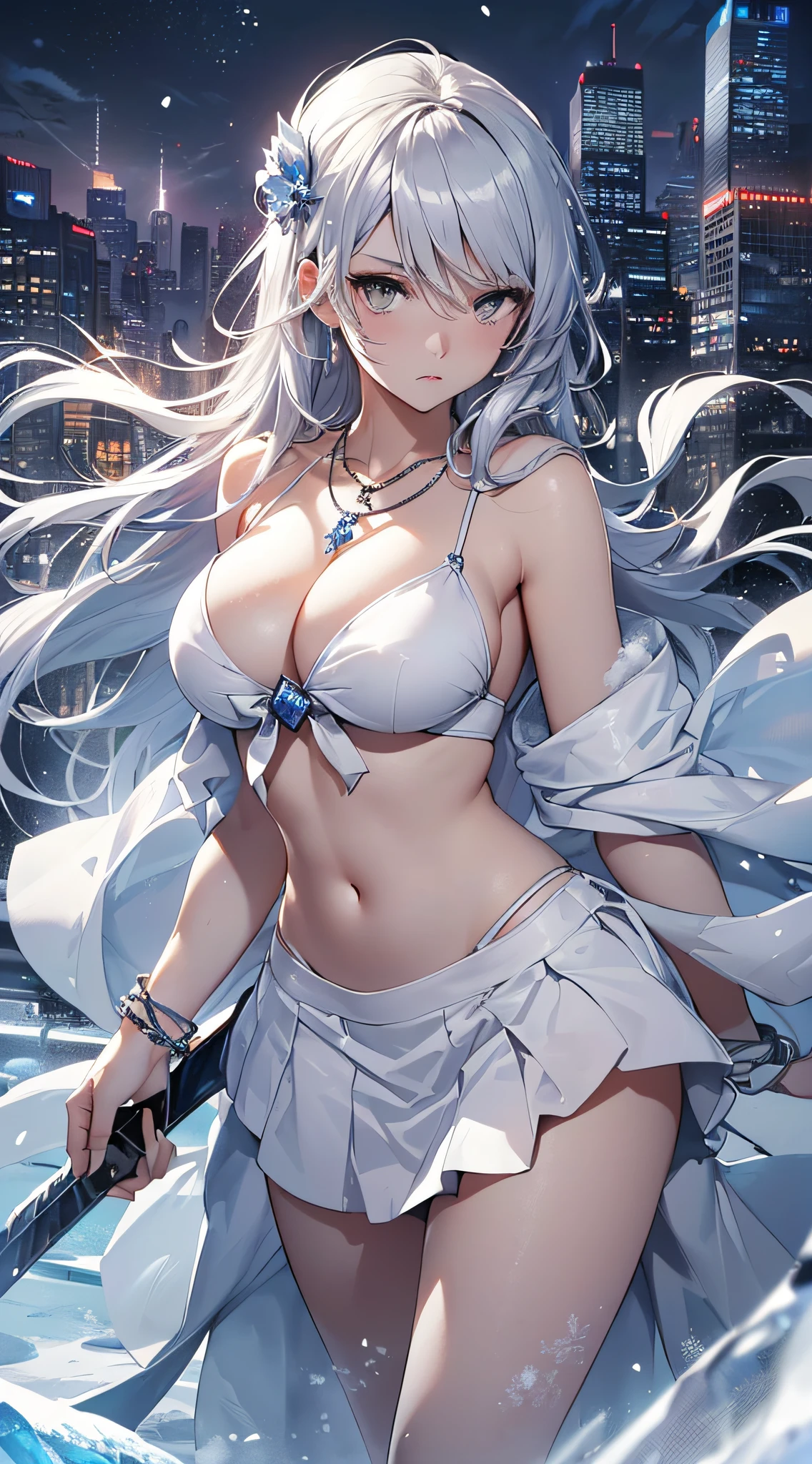 top-quality、Top image quality、masterpiece、girl with((18year old、Best Bust、Medium bust、Bust 85,beautiful silver eyes、Breasts wide open,Semi-long hair in white silver、A slender、Large valleys、Reflecting the whole body、a white bikini、White Japanese Clothing、White short skirt、Necklace on wrist、With an ice sword、Ice Magic Circle、Serious face、Sapphire Hair Ornament、close range、Leaning forward))、hiquality、Beautiful Art、Background with((City of Ice、Iceville、ice tower、snow blowing、Oyuki、Snow World))、masutepiece、visualart、depth of fields、Freezing of vision