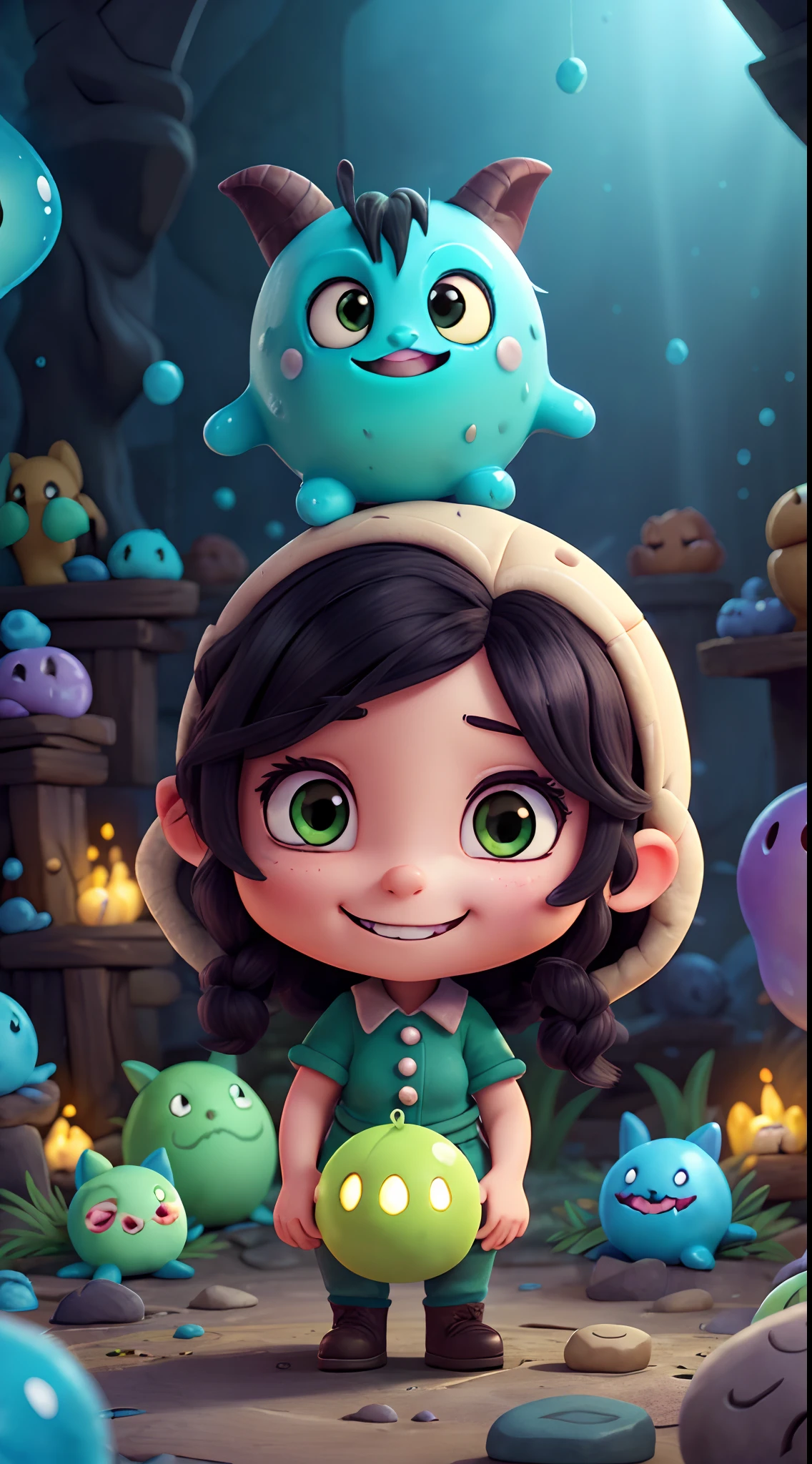 Very detailed illustration of a cute female necromancer, tiefling, ((surrounded by cute dark slimes)) black hair, grin, full curvy body, zoomed, detailed colorful forest environment, whimsical, tetradic colors, cartoon, darkest dungeon merged with league of legends, art by Chris Sanders, rocks and stones, ((winter)), fairytale, fantasy, cartoonish vector, anime, manga, vibrant, sunbeams, (slimes with kawaii faces)