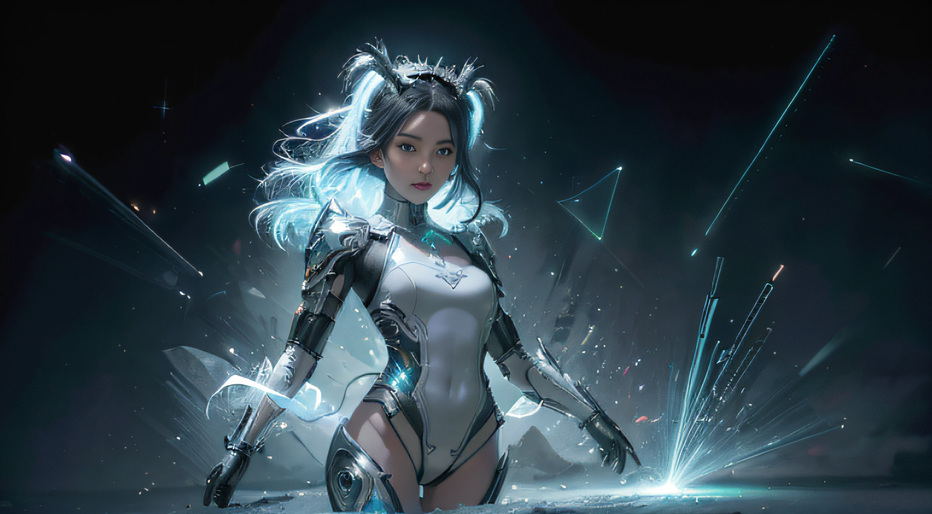 ((qualidade superior)), ((tmasterpiece)), ((Realismo de Hentail)), (Detalhes), (Fotorrealista:1.5), Menina futurista, JPN,(corpo grosso), (bodysuit branco), 23 anos,luzes na armadura, cybernetic headdress, Belly exposure,looking at the camera, dynamicposes, scientific fiction, HDR, Traching de raias, NVIDIA RTX, Hyper-Resolution, irreal 5, Espalhamento subsuperficial, Textura PBR, post process, Filtragem de anisotropia, profundidade de campos, Maximum clarity and sharpness, The rule of thirds、Dados brutos 8K、(Luminous Particle:1.4)、(CG extremamente detalhado、Unity 8k Wallpapers、。...3d、lighting like a movie、Lense Flares |)、Refletores、foco nítido、Arte cyberpunk de um、arquitetura cyberpunk、corpo inteiro na foto