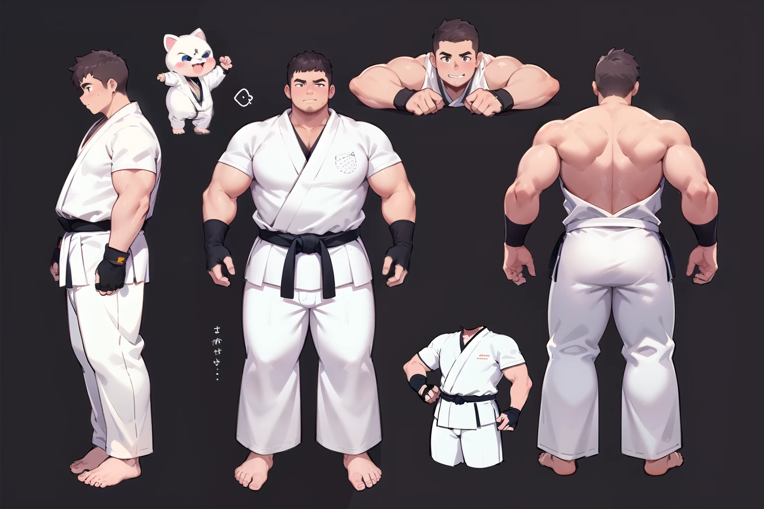 ((1boy_only)), charturnerv2, character_turnaround, character_sheet, ((3views)), reference_sheet, (chubby:1.2, stocky:1.2), ((white judo gi)), ((dougi)), barefoot, ((long pants)), (bara:1.2), (shota:0.25), buzz_cut, full body shot, ((cool, cute, awesome)), (fingerless gloves), (chubby_face:0.8)