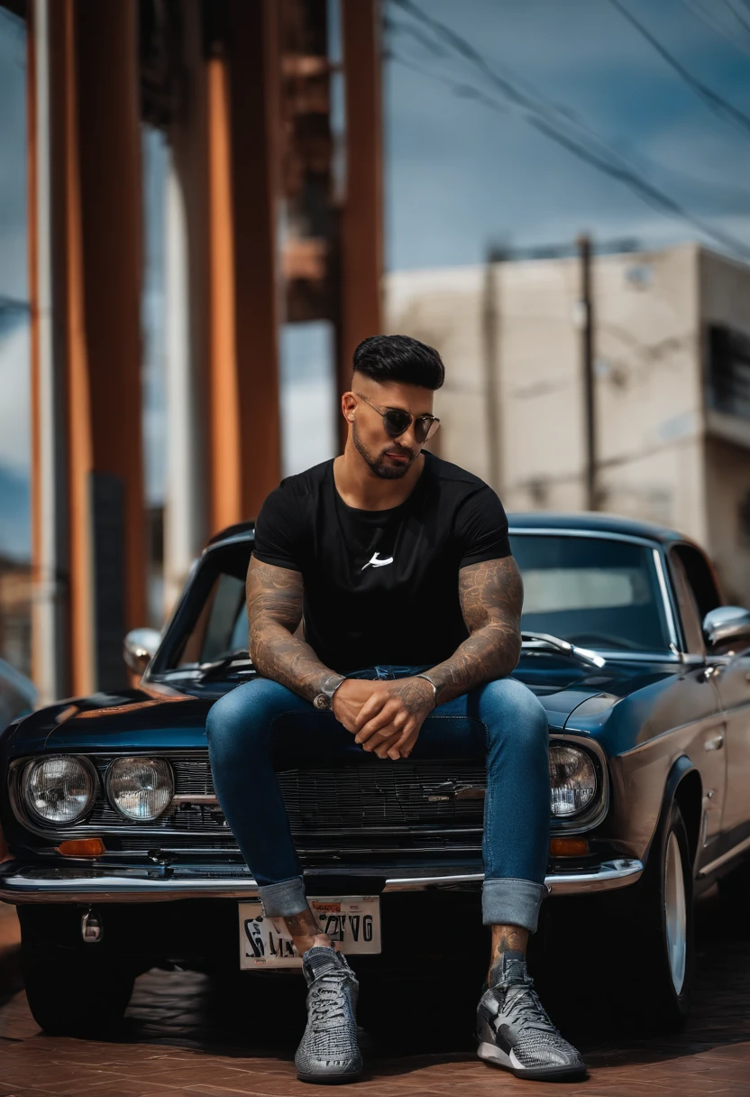 A man with a cross tattoage on the left side neck with short black gradient hair, olhos castanhos e risco na sombrancelha, usando camiseta preta, blue jeans and pixar style Nike Jordan sneakers, escorado no carro gol G6 prata rebaixado com rodas pretas, farol com angel eyes DRL, com Grade do carro com friso vermelho estilo Rline.