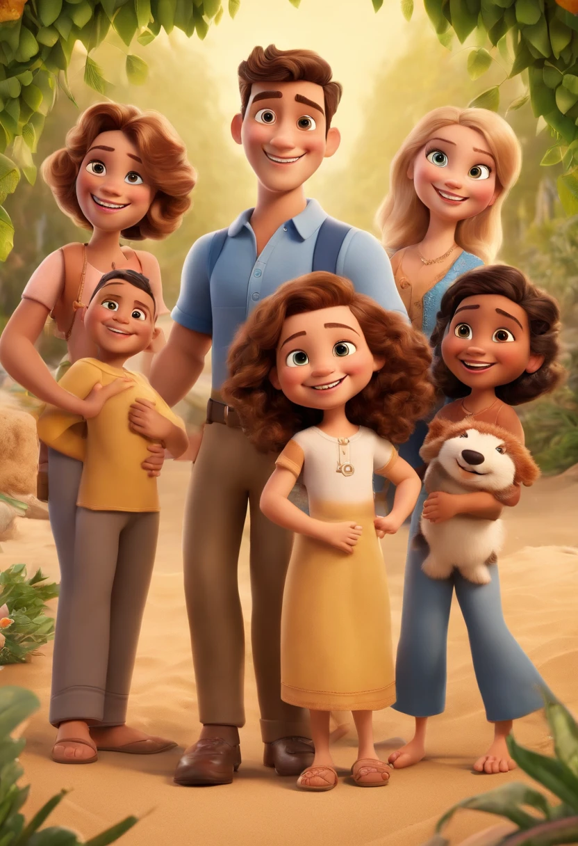 a Disney Pixar movie poster showing a family with 4 white-skinned people. The father is the tallest, High fade gradient and medium blonde hair, barba grande de lenhador na mesma cor do cabelo e olhos castanhos claros. The mother has dark brown and curly eyes and hair, longo e ligeiramente acima do peso e tem um sorriso bonito. A menina tem 6 anos com o rosto angelical, medium blonde hair, olhos castanhos claros e um lindo sorriso. E o Menino, um adolescente de anos, de cabelos encaracolados na mesma cor do cabelo do pai, magro, algumas sardas leves no rosto e um lindo sorriso. The background is a beach garden. 3D-rendering