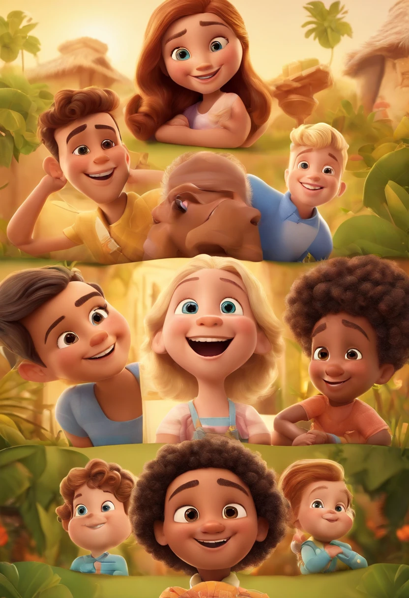 a Disney Pixar movie poster showing a family with 4 white-skinned people. The father is the tallest, High fade gradient and medium blonde hair, barba grande de lenhador na mesma cor do cabelo e olhos castanhos claros. The mother has dark brown and curly eyes and hair, longo e ligeiramente acima do peso e tem um sorriso bonito. A menina tem 6 anos com o rosto angelical, medium blonde hair, olhos castanhos claros e um lindo sorriso. E o Menino, um adolescente de 14 anos, de cabelos encaracolados na mesma cor do cabelo do pai, magro, algumas sardas leves no rosto e um lindo sorriso. The background is a beach garden. 3D-rendering