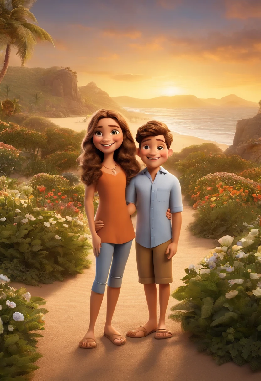 a Disney Pixar movie poster showing a family with 4 white-skinned people. The father is the tallest, High fade gradient and medium blonde hair, barba grande de lenhador na mesma cor do cabelo e olhos castanhos claros. The mother has dark brown and curly eyes and hair, longo e ligeiramente acima do peso e tem um sorriso bonito. A menina tem 6 anos com o rosto angelical, medium blonde hair, olhos castanhos claros e um lindo sorriso. E o Menino, um adolescente de  anos, de cabelos encaracolados na mesma cor do cabelo do pai, magro, algumas sardas leves no rosto e um lindo sorriso. The background is a beach garden. 3D-rendering