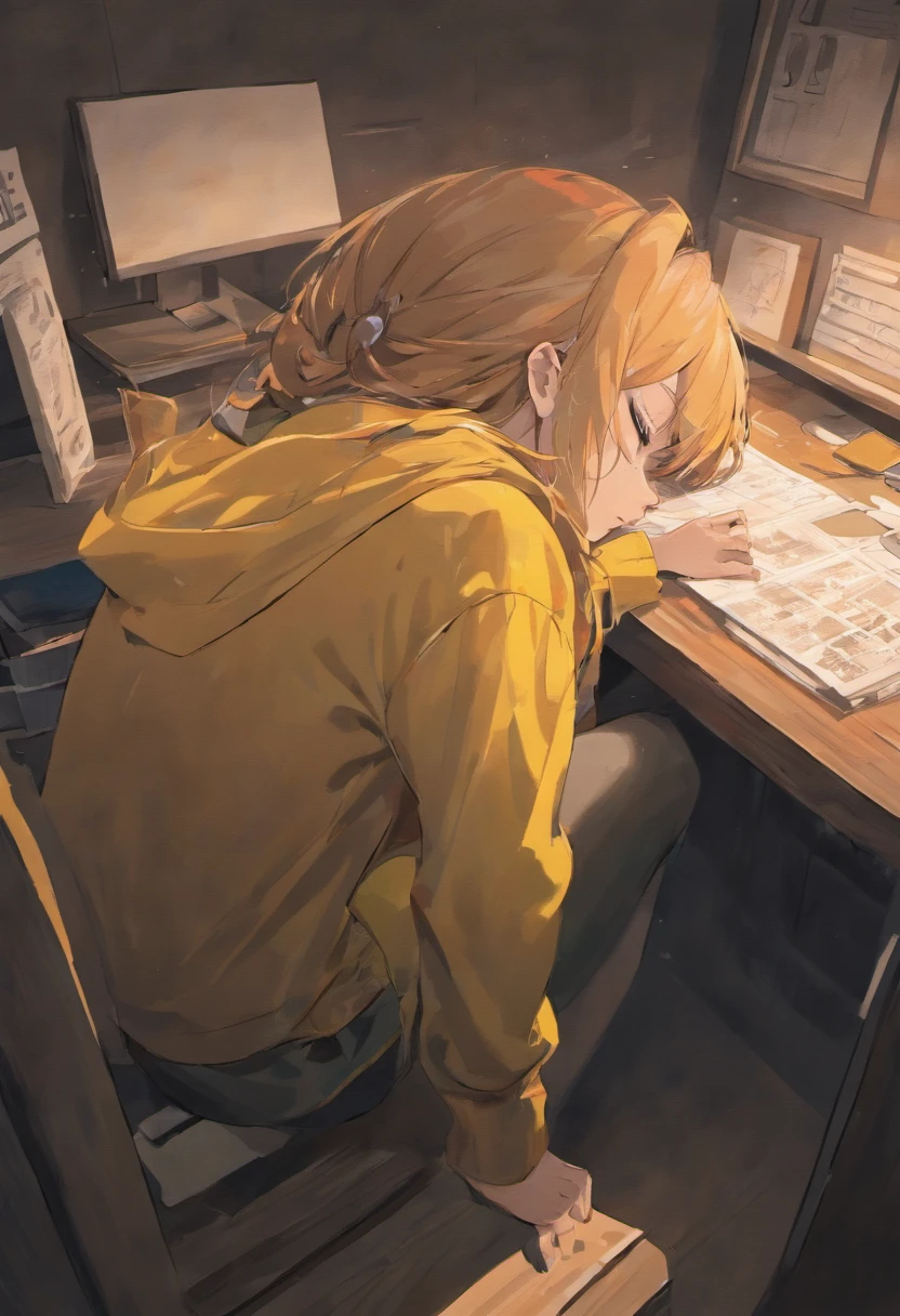 A person sleeping face down on a desk