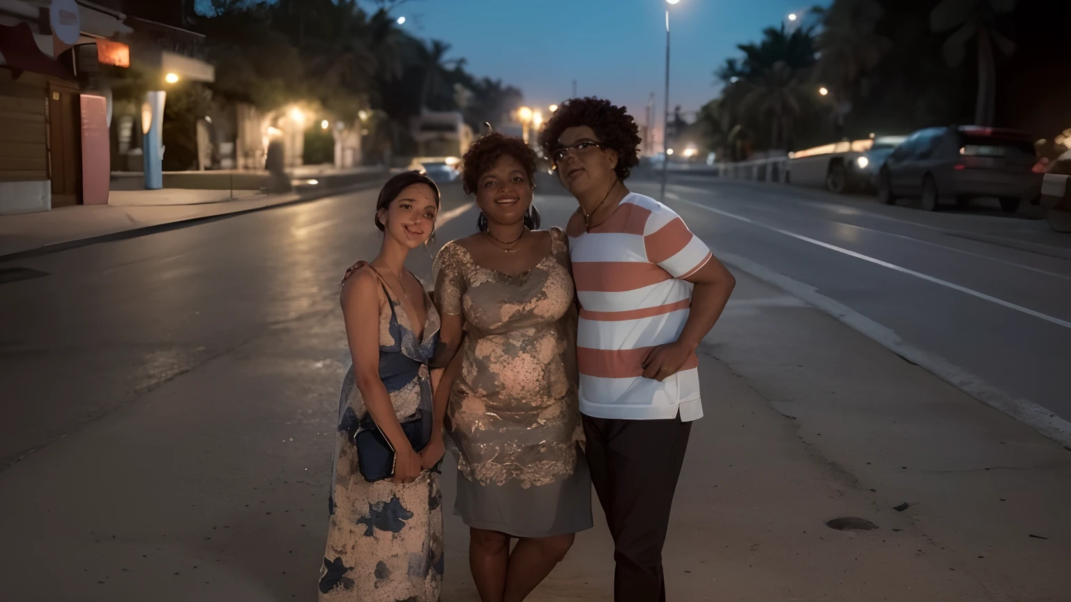 There's three people together on the street at night, Directed by: Nandor Soldier, vacation photo, Parece Fabiula Nascimento, 3 5 year brazilian mother, Directed by: Willian Murai, Happy family, standing near the beach, Directed by: Robert Combas, andrea rocha, In Sao Paulo, non blurry, photo taken at night