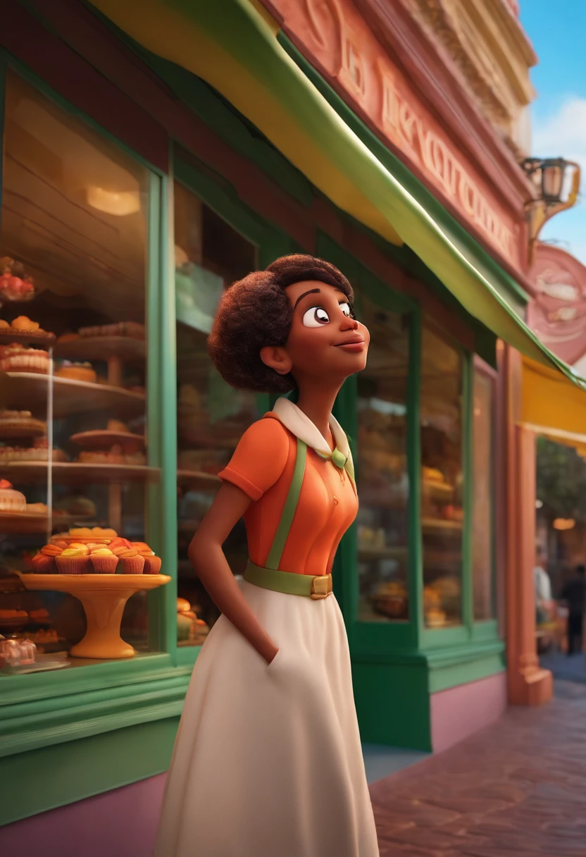 A woman looking at the façade of a cake shop inspired by the Pixar animation, de perto. The character takes center stage with captivating facial expressions, oferecendo um toque de irrealidade
