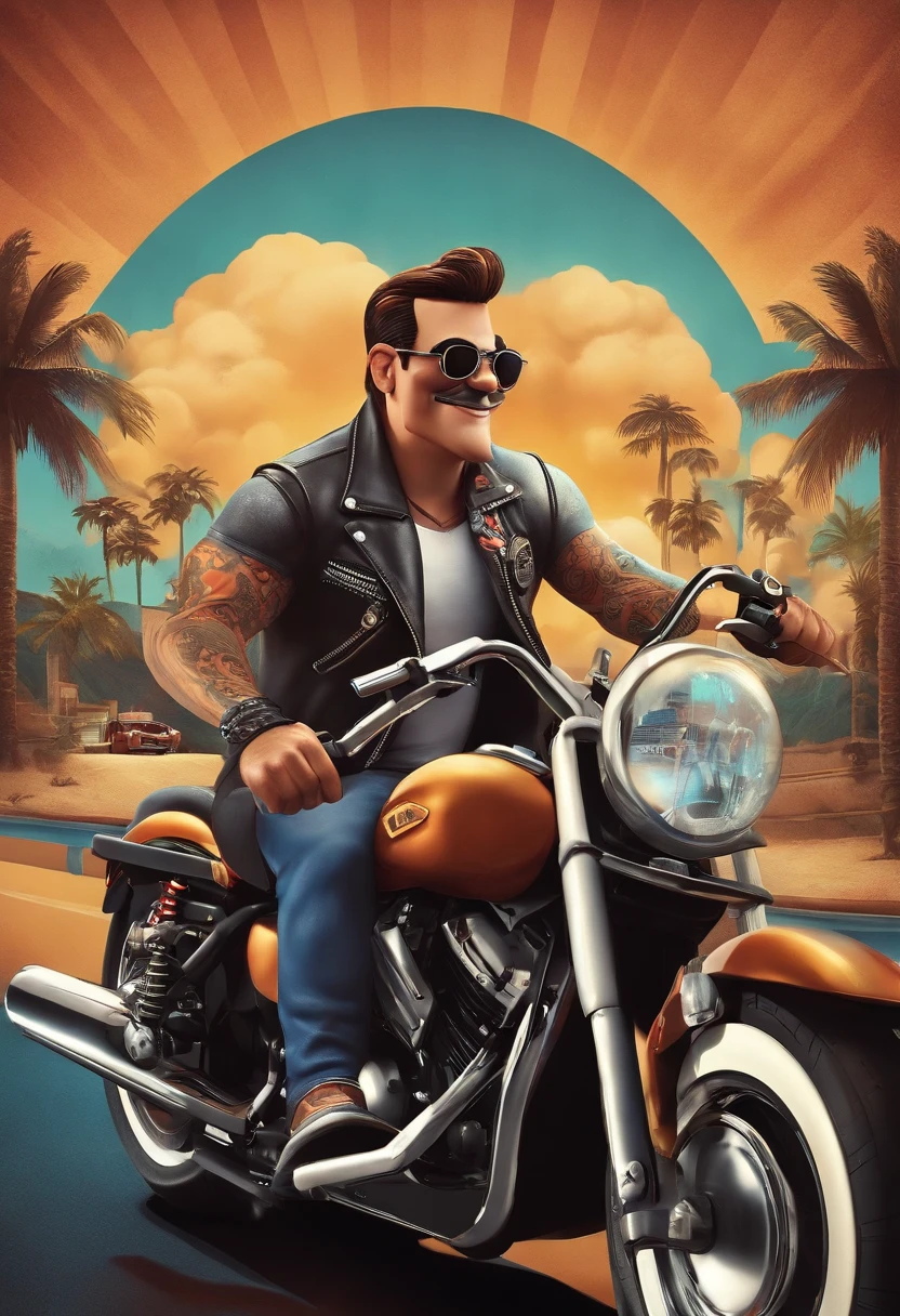 a 3D Disney Pixar style poster de um homem careca, com 35 anos, of sunglasses,wearing only a biker vest with tattooed arms, pilotando uma Drag Star 650 em um passeio de motocicleta