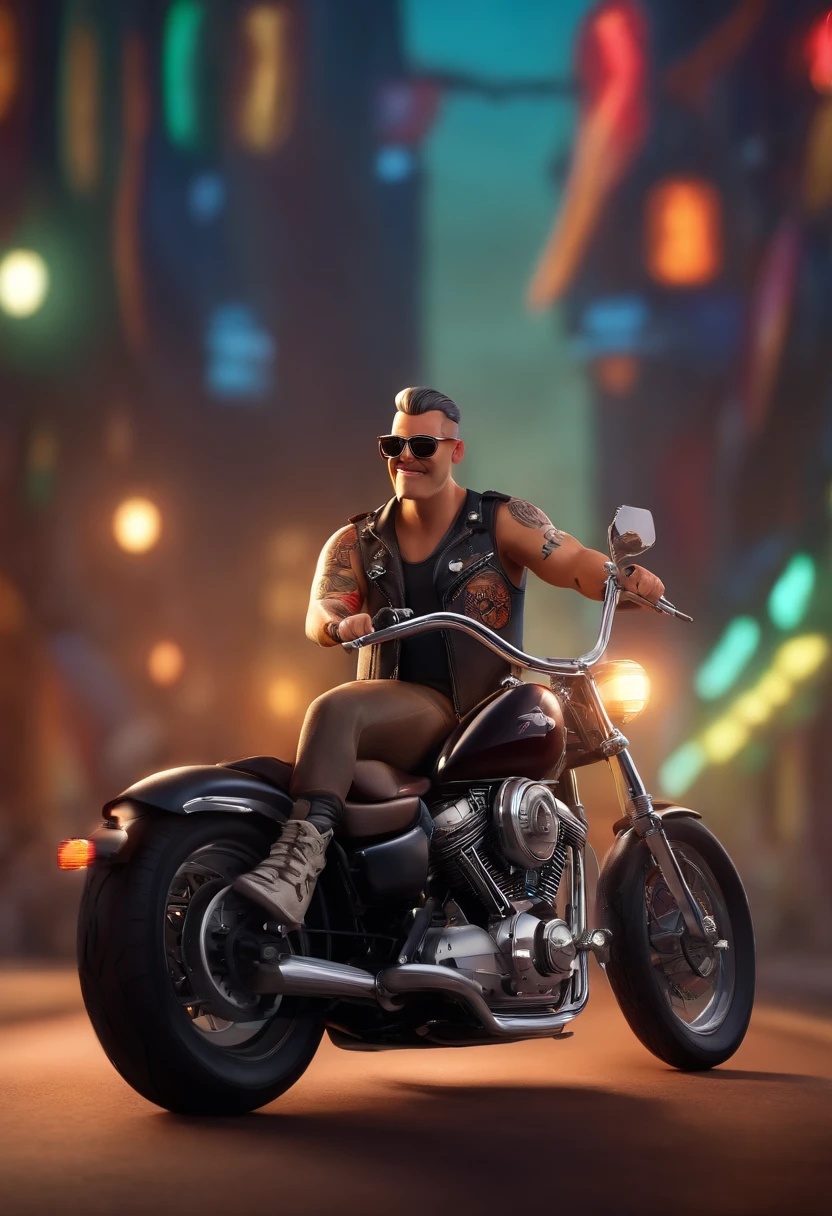 a 3D Disney Pixar style poster de um homem careca, com 35 anos, of sunglasses,wearing only a biker vest with tattooed arms, pilotando uma Drag Star 650 em um passeio de motocicleta