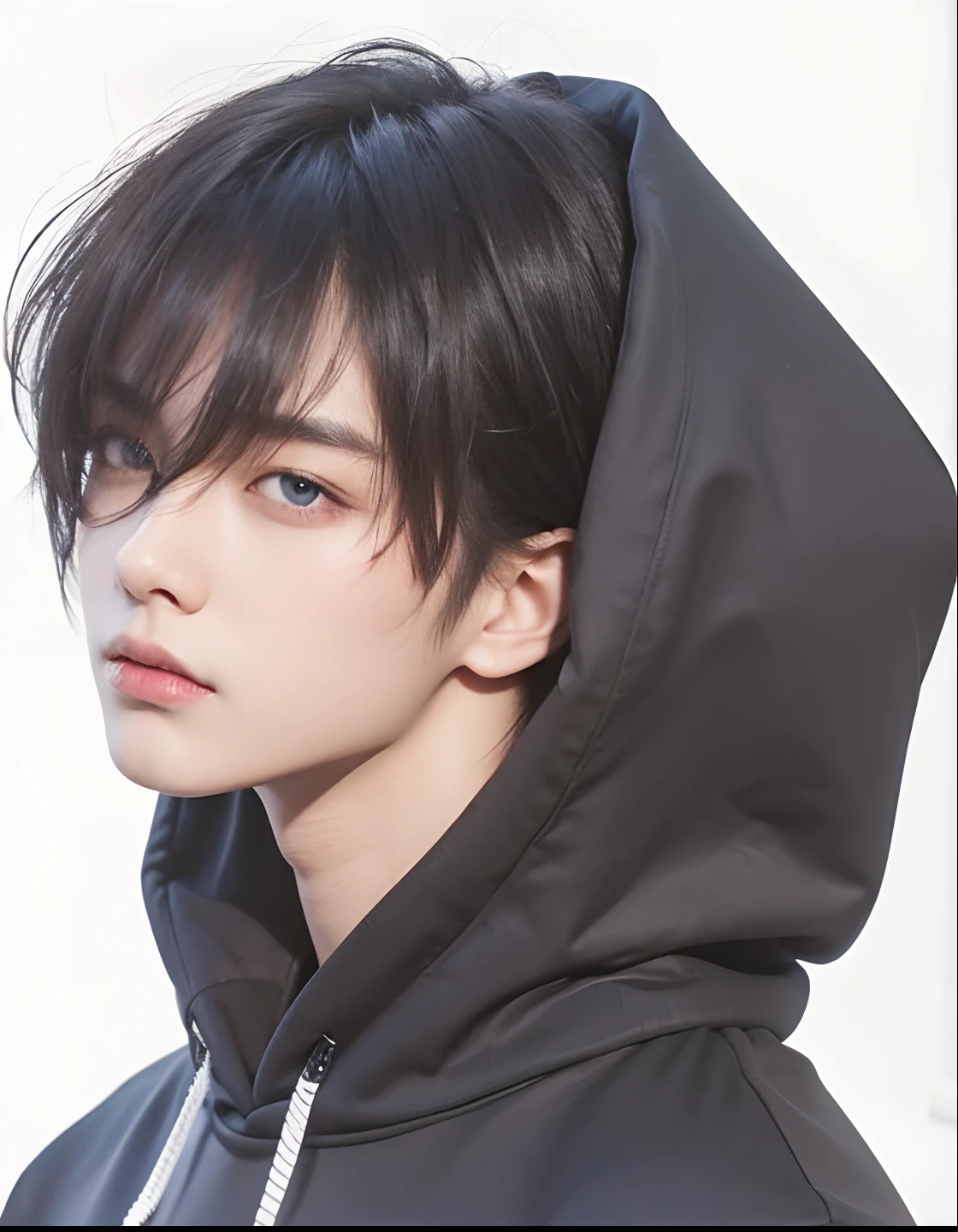A man with realistic black hair, realistic dark blue eyes, realistic Korean handsome face, realistic cool expression, realistic black hoodie, exact same hoodie,Realistic light, realistic shadows, realistic backgrounds, realistic sharp eyes,Realistic cold face,
