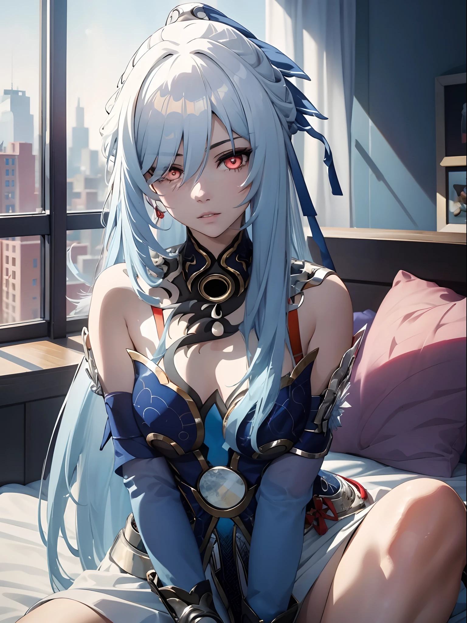 best quality, masterpiece, 1girl, red eyes, tied up light blue hair, aesthetic, artistic, purple