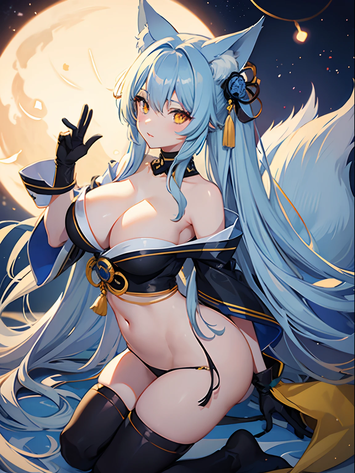Long Hair, Light Blue Hair, Yellow Eyes, Heart pupils, bare shoulder, Fox Ears, 9 Tails, Big Boobs, Wearing Yukata, Nighttime, Wearing Black Gloves, Inside a house