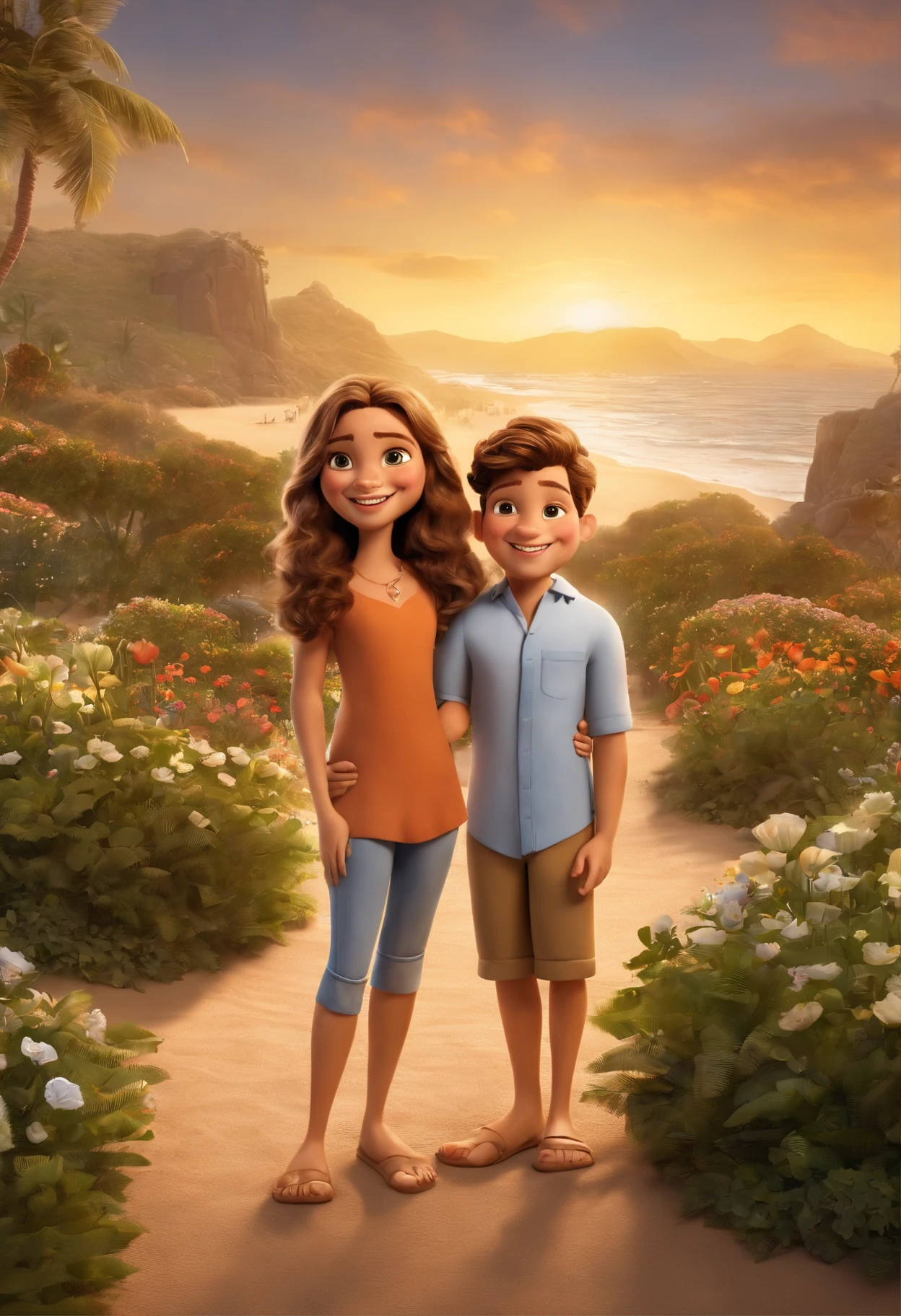 a Disney Pixar movie poster showing a family with 4 white-skinned people. The father is the tallest, High fade gradient and medium blonde hair, barba grande de lenhador na mesma cor do cabelo e olhos castanhos claros. The mother has dark brown and curly eyes and hair, longo e ligeiramente acima do peso e tem um sorriso bonito. A menina tem 6 anos com o rosto angelical, medium blonde hair, olhos castanhos claros e um lindo sorriso. E o Menino, um adolescente de 14 anos, de cabelos encaracolados na mesma cor do cabelo do pai, magro, algumas sardas leves no rosto e um lindo sorriso. The background is a beach garden. 3D-rendering