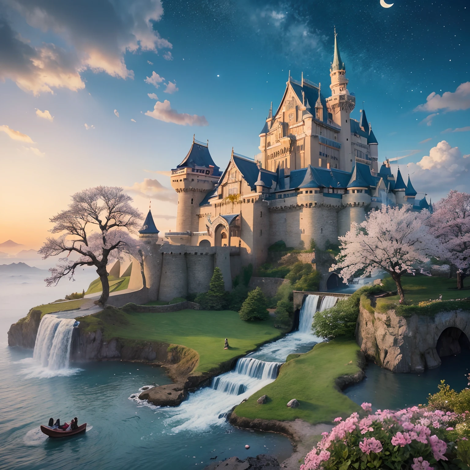 ​masterpiece、hightquality、Realistic、landscape shot、life-like、A detailed、Like the photo、Castle shining in the sky、Castle of the God of the Sky、Castle in the Sky、Flying Castle、Castle of Glory、Castle above the clouds、The cherry tree々A lush castle surrounded by、Sakura blizzard、Falling waterfall、a moon