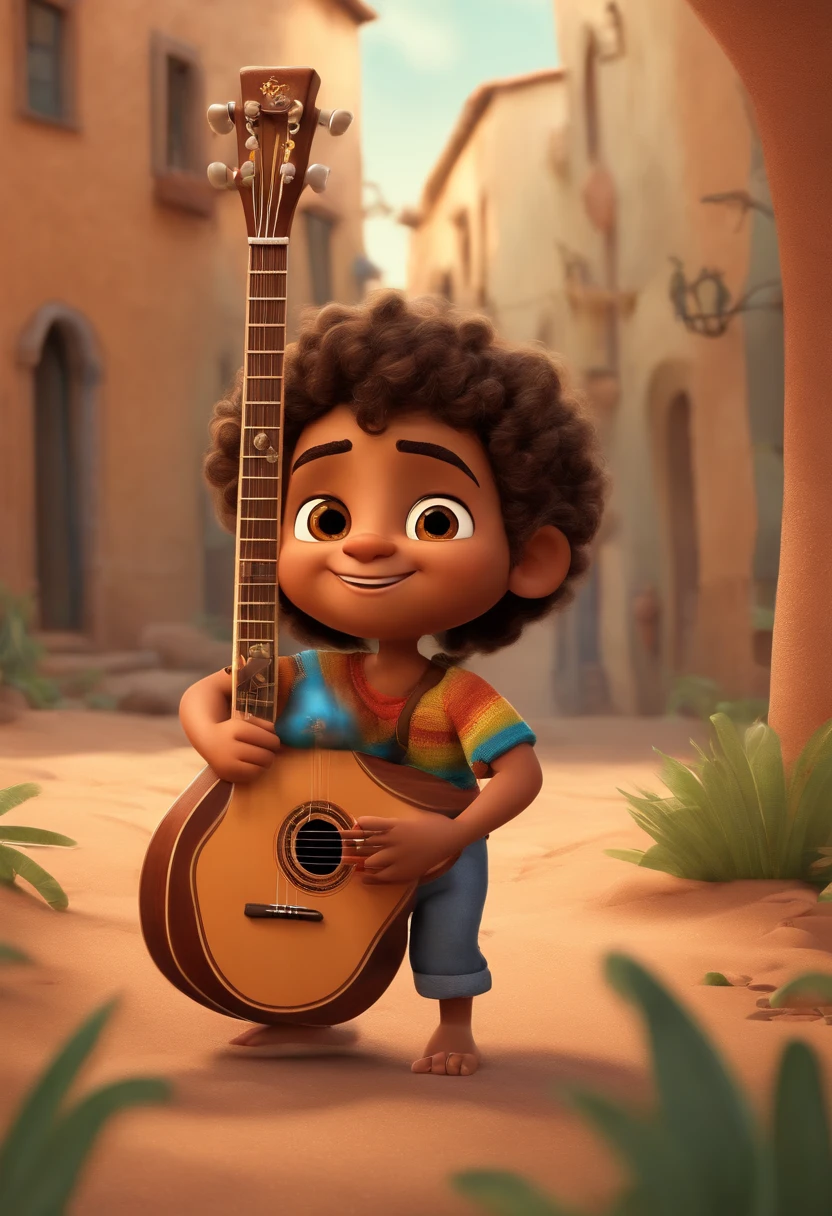 crie um banner no estilo Pixar. A boy with Indian features, moreno pardo com cabelos curtos, Castanhos escuros, Curly and slightly grayish appearance, mas jovem, usando uma camiseta, Wearing jeans and holding a classical guitar with 7 strings.