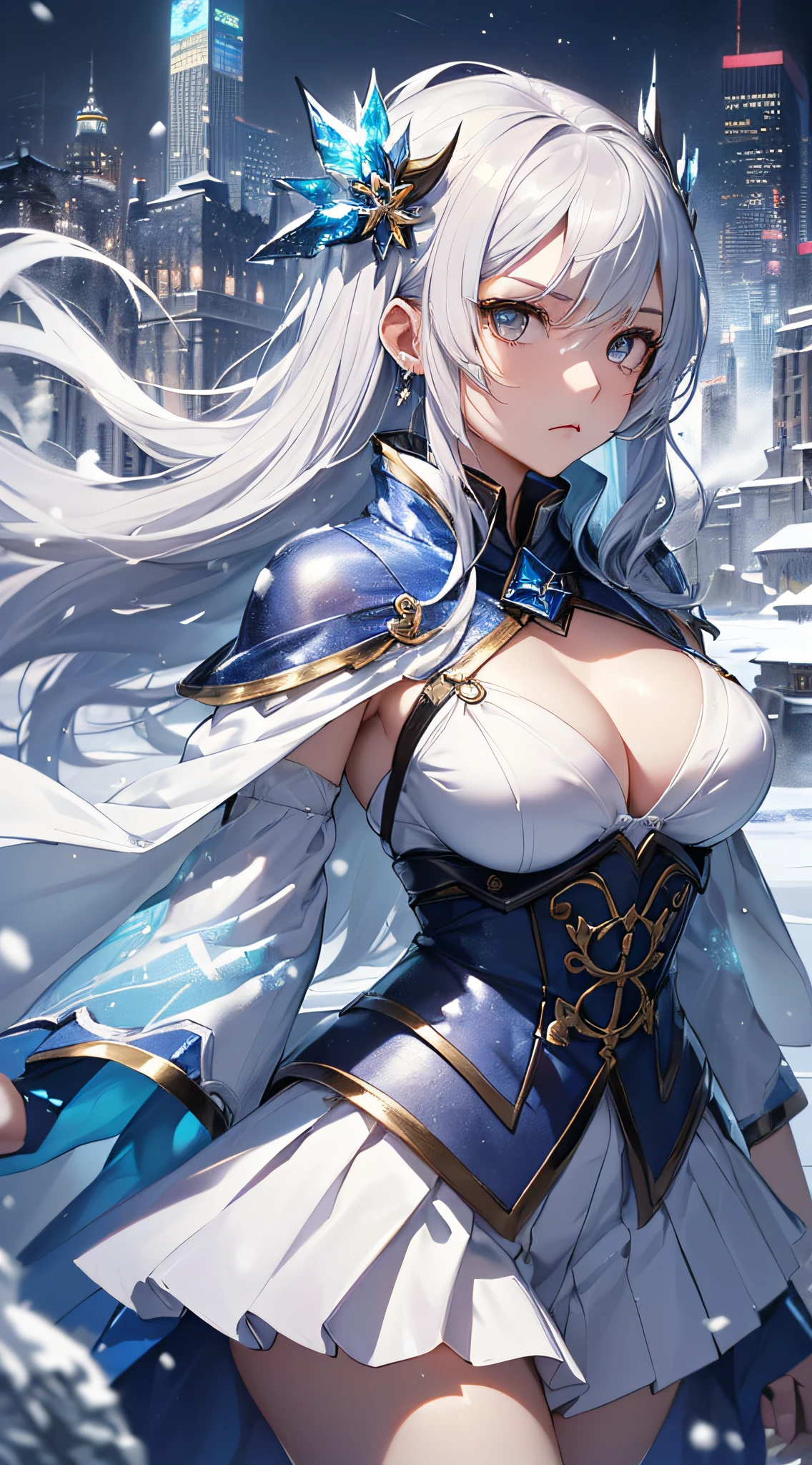top-quality、Top image quality、masterpiece、girl with((18year old、Best Bust、Medium bust、Bust 85,beautiful silver eyes、Breasts wide open,Semi-long hair in white silver、A slender、Large valleys、Reflecting the whole body、White Japanese Clothing、White short skirt、With an ice sword、Ice Magic Circle、Serious face、Sapphire Hair Ornament、close range、Leaning forward))、hiquality、Beautiful Art、Background with((City of Ice、Iceville、ice tower、snow blowing、Oyuki、Snow World))、masutepiece、visualart、depth of fields、Freezing of vision