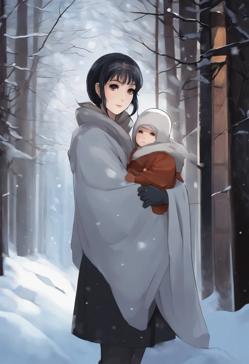 there is a woman holding a  in her arms, offcial art, anime abstract art, Anime artwork, author：Chamba, the piercing stare of yuki onna, made with anime painter studio, author：Uesaka Seka, in the anime series ergo proxy, promo art, Official artwork, very very low quality picture, (Snow), serial experiments lain, Anime art