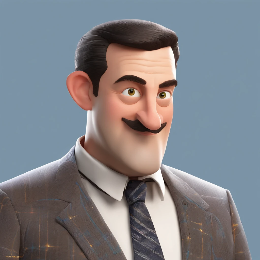 Crie um cartaz inspirado na Disney Pixar com o personagem sendo o Joseph Alois Schumpeter, An Austrian economist and philosopher. Um homem com  rosto ovalado, com olhos escuros e arredondados, medium size. The mouth is formed in a smooth line, And the expression is friendly. the scene will be in Pixar's distinctive digital art style. Focus on character expressions, Vibrant colors and detailed textures present your animations, with the title Schumpeter is wearing a full suit, composto por uma jaqueta, um colarinho e um lapelas. The jacket is gray with buttons, and the collar is blue with stripes pattern. The lapels are also blue, And the man is wearing a black tie with a stripe pattern. Quero a cena dos principais filmes do PIXar