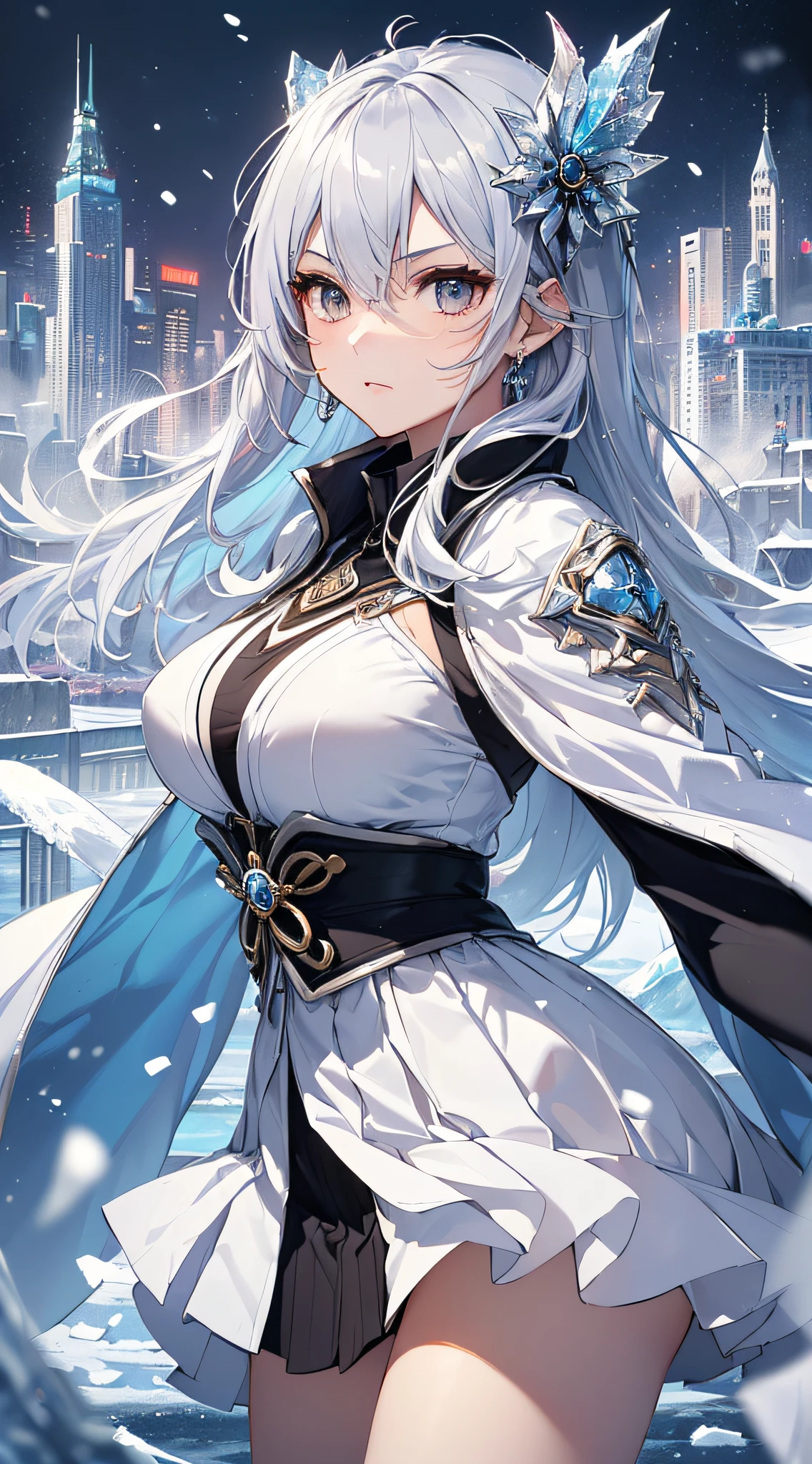 top-quality、Top image quality、​masterpiece、girl with((18year old、Best Bust、Medium bust、Bust 85,beautiful silver eyes、Breasts wide open,Semi-long hair in white silver、A slender、Large valleys、Reflecting the whole body、White Japanese Clothing、White short skirt、With an ice sword、Ice Magic Circle、Serious face、Sapphire Hair Ornament、close range、Leaning forward)）、hiquality、Beautiful Art、Background with((City of Ice、Iceville、ice tower、snow blowing、Oyuki、Snow World))、masutepiece、visualart、depth of fields、Freezing of vision