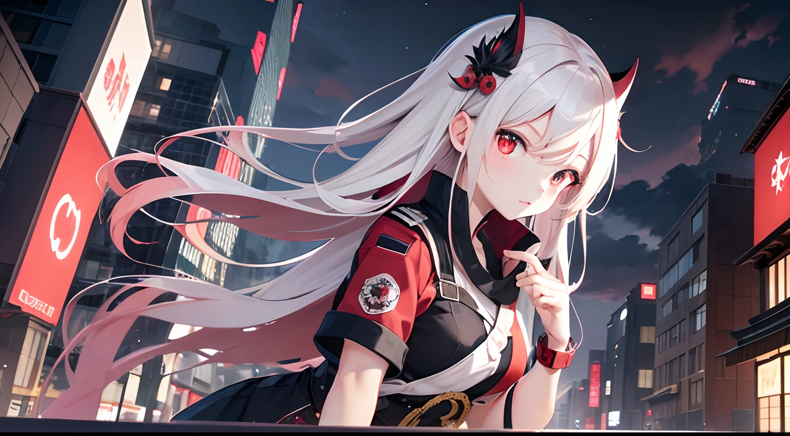 (masutepiece), Red pupils, Very cute girl's, Cute, deep in the night, Windswept and cloudy, Overlooking a high perspective, in night, Light floating above the sky，Armband with the flag of Japan on the arm，battle garments.