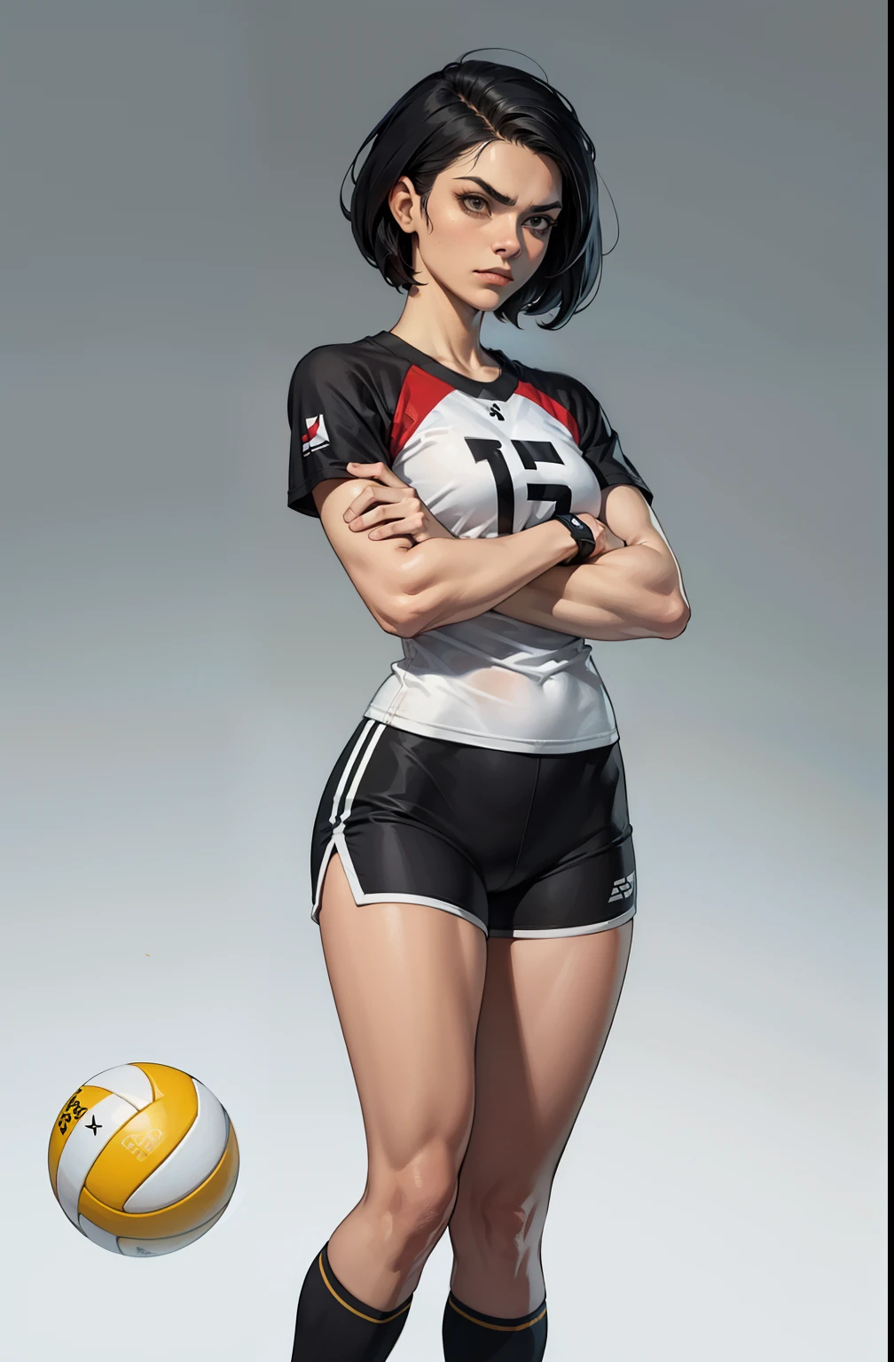standing on her feet, Contra-Plongée, folded arms, simple lighting, maquiagem, mascara, Lips are soft or colored, fundo preto simples, minimalismo, monotone, paletas de cores simples, limpo, Crisp drawings, silhuetas fluidas, Volleyball shorts, camisa de voleibol, Asymmetric, geometric, vestir, , Pulseiras simples, Designs diferentes, silhuetas simples, estilo simples, minimalismo, materiais de alta qualidade, sexy, rosto jovem, cabelo preto, Sapatos de Voleibol, Face da Brava, angry expression, pernas fortes