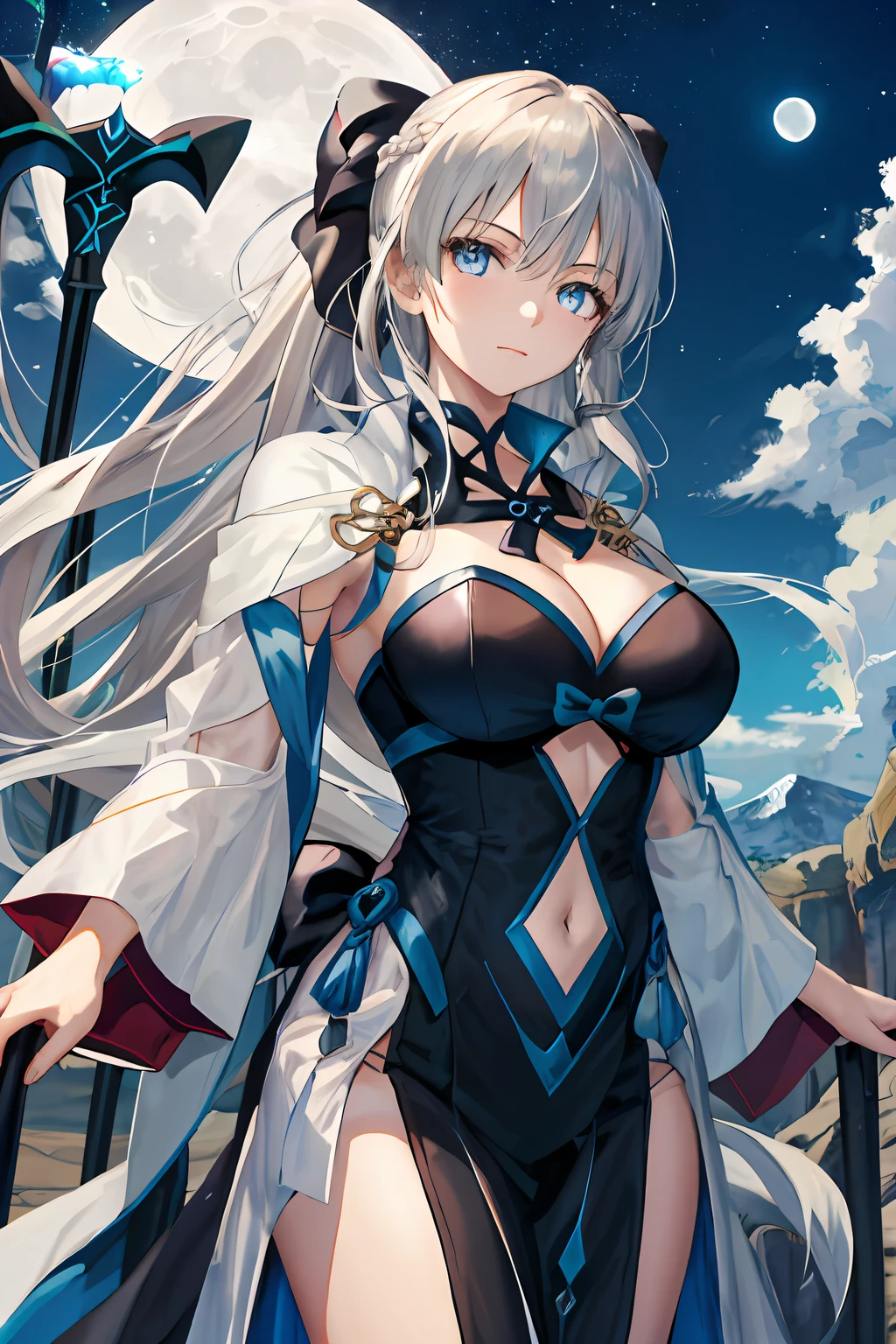 Masterpiece, Best Quality,a 1girl, Breast, morgan le fay (fate), 独奏, blue eyes, Long Hair, pony tail, bow, braid, weapons, cleavage, Very long hair, big boob, black bow, looking  at viewer, gown, Hair Bow, thights, thights, black dress, Bangs, side locks, French braid, pelvic curtain, grey hair,  a moon