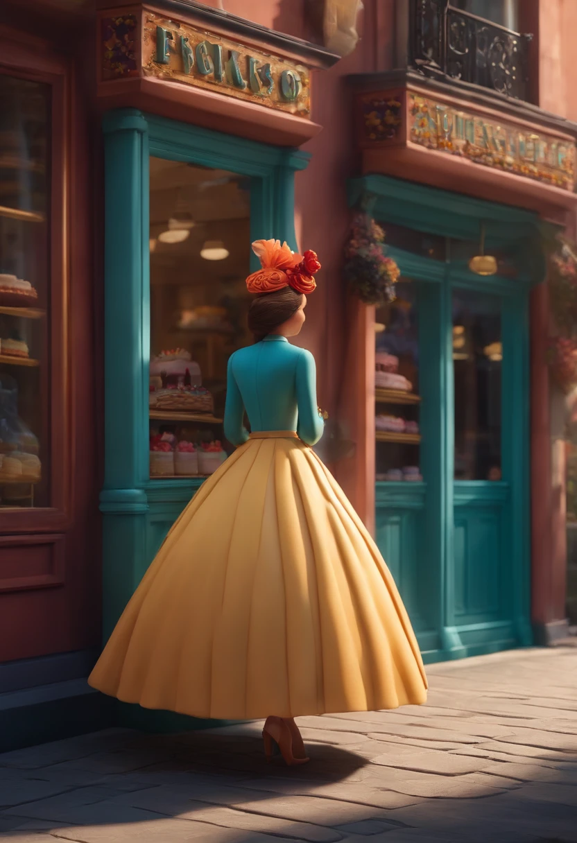A woman from the back looking at the façade of a cake shop inspired by the Pixar animation. The character takes center stage with captivating facial expressions, oferecendo um toque de irrealidade