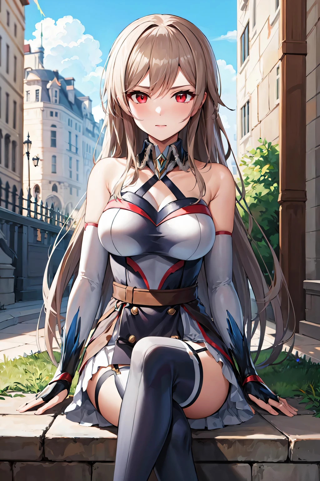 masterpiece, best quality, highres, fel1, bridal gauntlets, black thighhighs, bare shoulders, belt, garter straps, white dress, elbow gloves, outdoors, sitting, crossed legs,