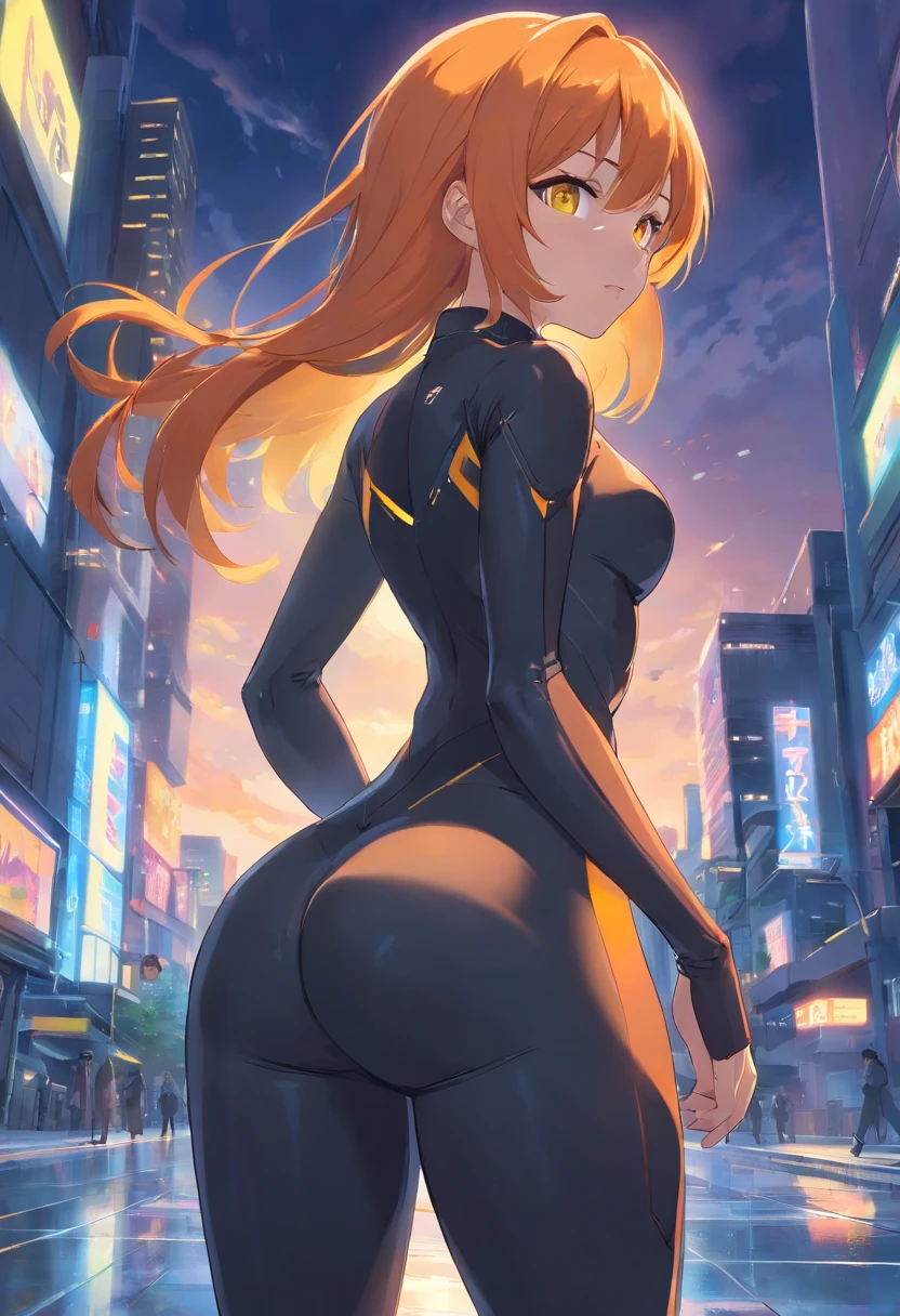 1 female、Orange hair、Colossal tits、Big ass、Black rubber suit、yellow eyes、thick thighs、a short bob、wide hips、Thigh muscles