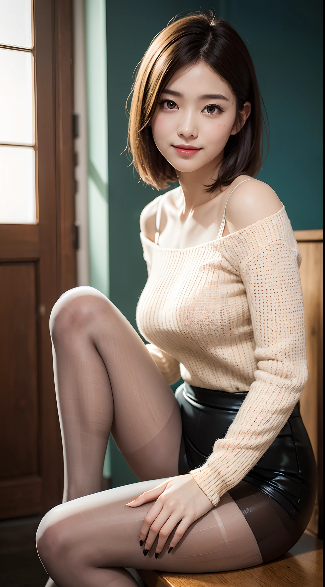 Upper-class real 19-year-old popular innocent movie actress、Wearing a knitted dress、Sit in a comfortable room、 (Wearing pantyhose、Very realistic pantyhose)、thighs thighs thighs thighs、165 cm tall, Japanese Models, Short Layer Hair、japanaese girl, Neat and clean Japan woman, A smile、Smile、goddess of Japan, Innocence、Realistic Pantyhose、Raw photo, (8K、top-quality、​masterpiece:1.2)、(intricate detailes:1.4)、(Photorealsitic:1.4)、octane renderings、Complex 3D rendering ultra detail, studio lights, Rim Lights, vibrant detail, super detailing, Realistic Pantyhose、realistic skin textures, Detail Face, Beautiful detail eyes, Very detailed CG Unity 16k wallpaper, make - up, (detailedbackground:1.2), shinny skin、turned around、Exposed thighs!!!