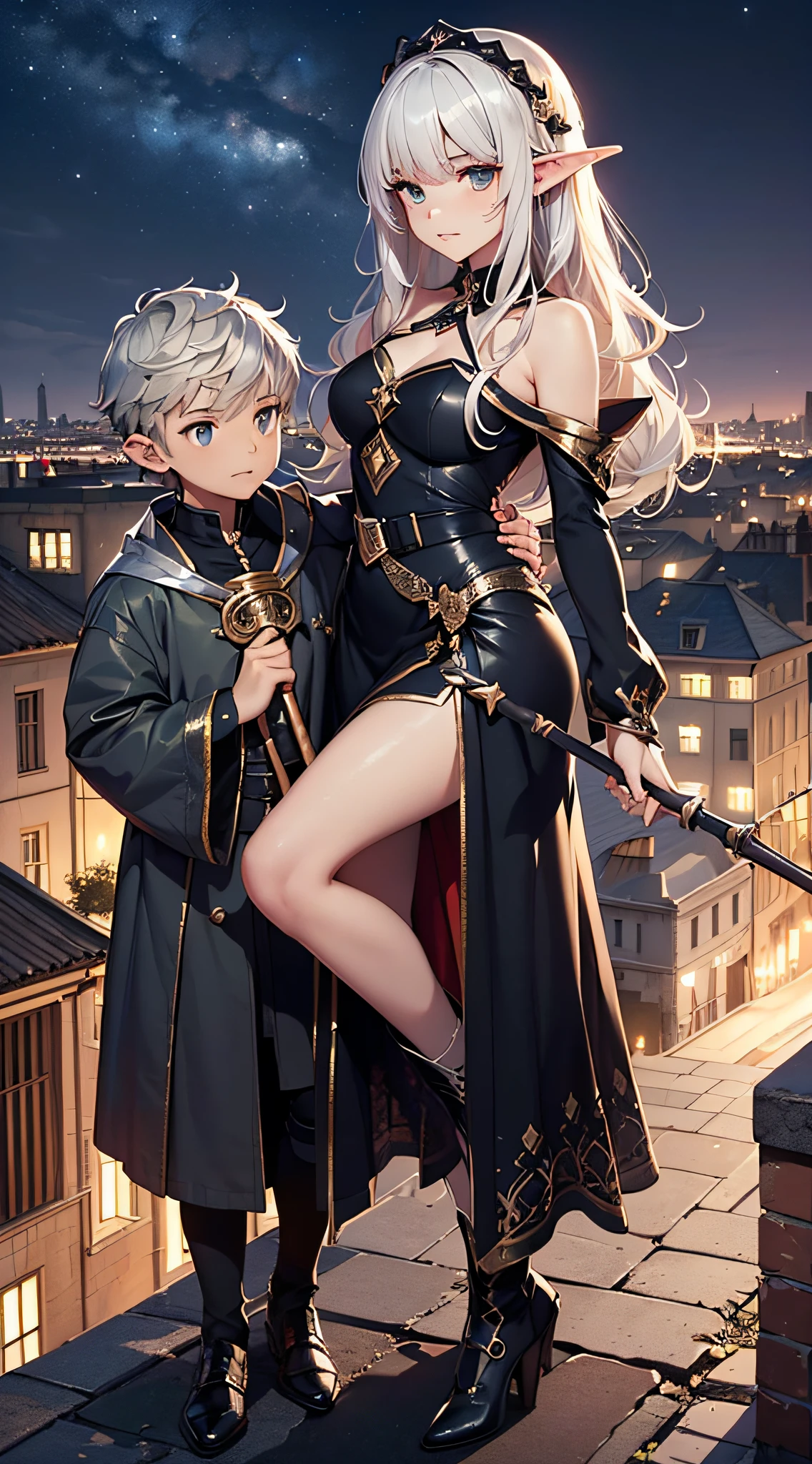 (Official art、Best Quality、Unity 8k Wallpapers、32K、masterpiece、ultra-detailliert、超A high resolution、realisitic、Photorealsitic:1.2)、(Cinematic lighting:1.2)、Fireglow effect、film grains、Best Shadows、Rim lighting、side lights、sideshot、(Ultra-detailed and complex 3D rendering)、Detailed beautiful face and eyes、Sharp pupils、Realistic pupils、A slender、1Man Woman、Medium bust、(Full body:1.2)、 beauitful face、16-year-old beautiful girl、(super detailed skin、detailed skin textures:1.3)、(platinum-blonde、Silver hair:1.3)、waved hair、Blunt bangs、green colored eyes、elf-ears、magical girl costume、A slender、white shirt、Costumes with frills、frills skirt、knee sox、(thighs thighs thighs thighs:0.8)、Black boots、(Fantastic and beautiful night sky、Medieval city at night、On the roof:1.2)、(Human soul in the night sky、Fantastical:1.3)、(carrying a magical staff:1.3)、(Looking away、overlooking a city:1.3)、Fantastical、Gentle smile、I opened my mouth a little、