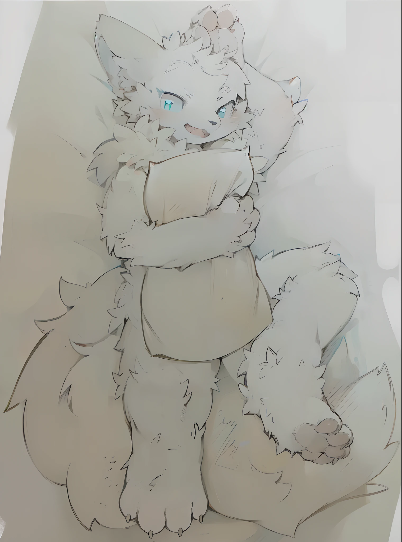 (ambiente dark:0.8),Masterpiece,High quality,abstract res,Digital painting\(artwork of a\), by Dagasi, Yupa,Kiyosan,(anthro,Fluffy fur,Character focus:1.1),anthro male wolf,Short hair, , eyes with brightness, in a panoramic view, Character focus.(detailedbackground:0.7), 独奏, shaggy, shaggy male, malefocus, anthr,(Full Body Furry, Fluffy tail,There are pink meat pads on the feet,White wolf ears, It has white fur all over its body, blue color eyes, White color hair,White Wolf Tail), (long canines,Holding a pillow)